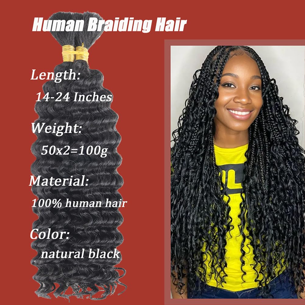 Human Braiding Hair Deep Wave Bulk Human Hair for Braiding 2 Bundles/Pack 100g Wet and Wave Deep Curly Braiding Hair for Boho Braids Bundle Brazilian Virgin Human Hair Extensions Natural Color