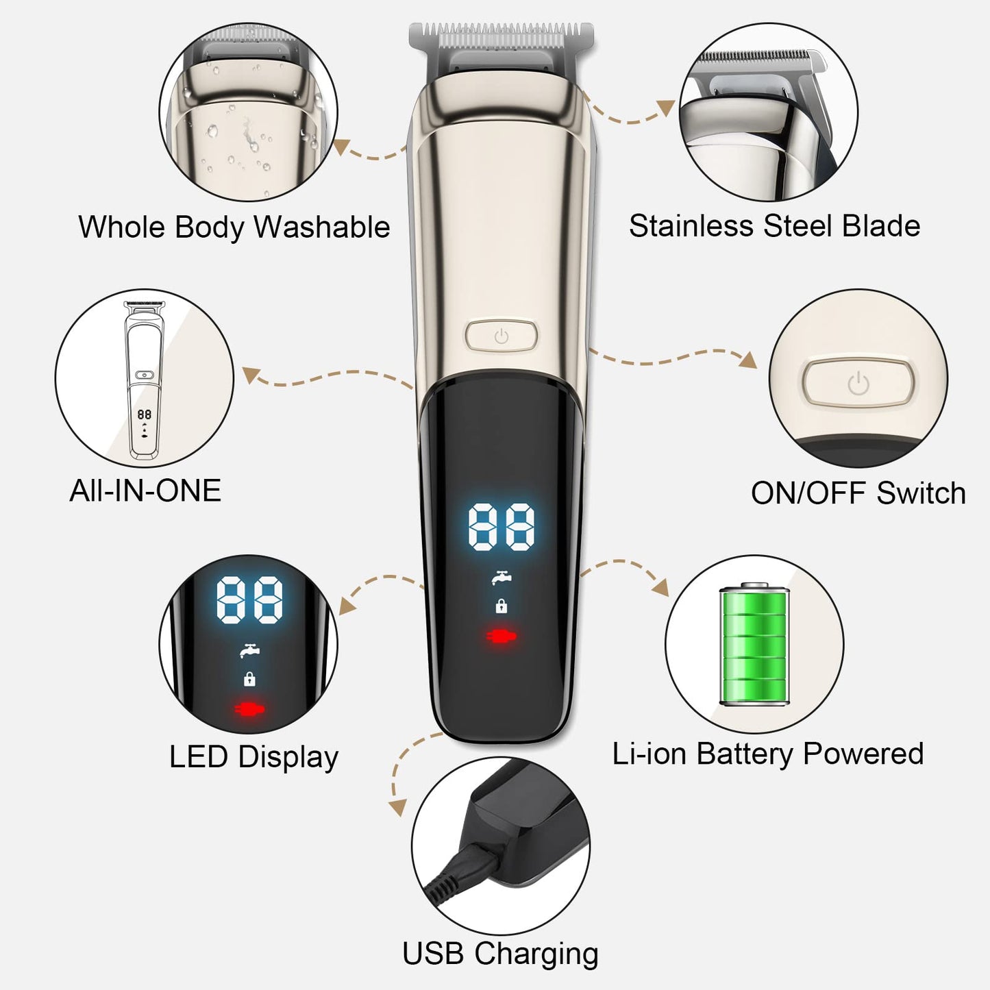 Beard Trimmer, Cordless Hair Clippers for Men Body Hair Trimmer, Mustache Nose Facial Cutting Groomer, Waterproof Electric Shaver 11 in 1 Grooming Kit, USB Rechargeable & LED Display 1.0 Count