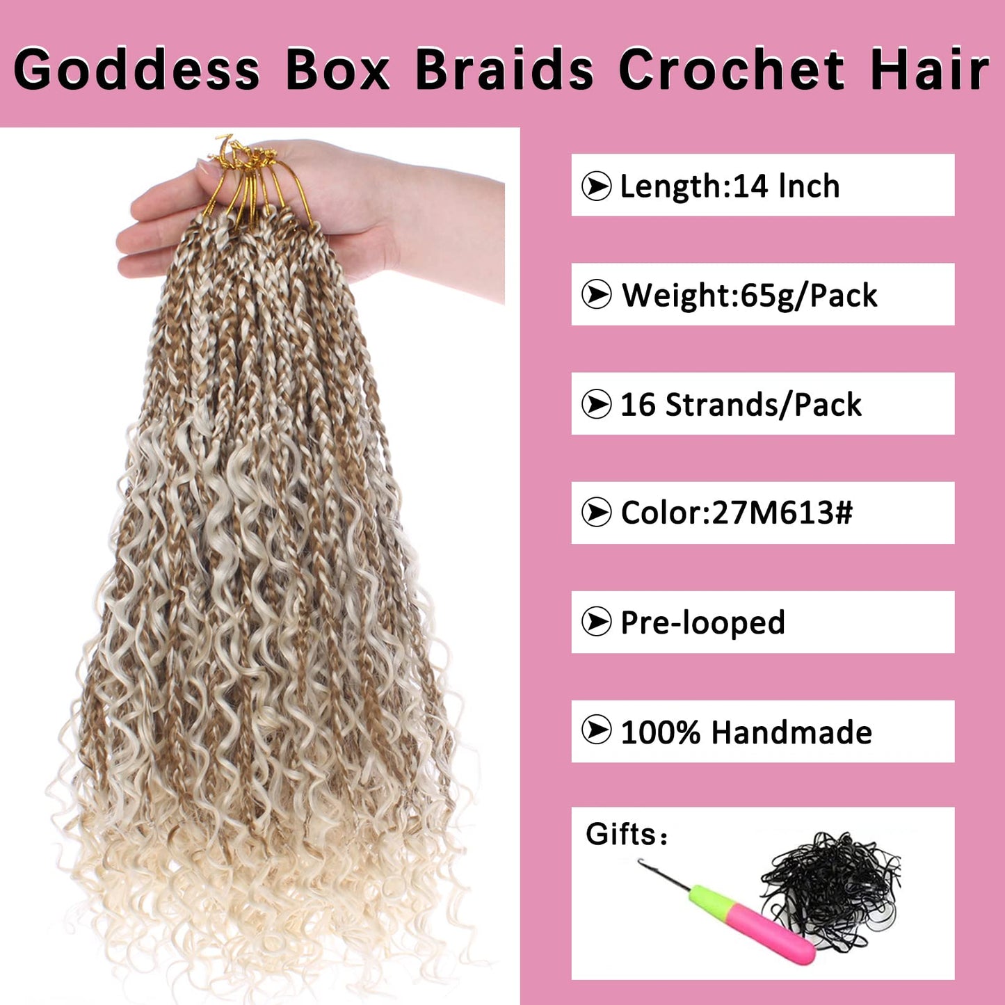 COOKOO 14 Inch Boho Box Braids Crochet Hair for Women 8 Pack Synthetic Bohemian Pre Looped Goddess Box Braids Crochet Hair Curly Ends Hippie Braiding Hair Extension 27M613#