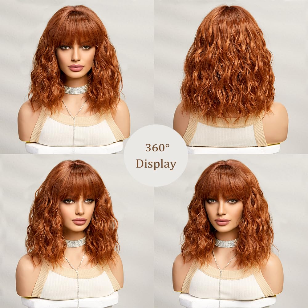 Orange Wig with Bangs,14 Inch Ginger Shoulder Length Curly Wavy Wigs for Women, Heat-resistant Synthetic Hair Wigs for Cosplay Party Daily Use