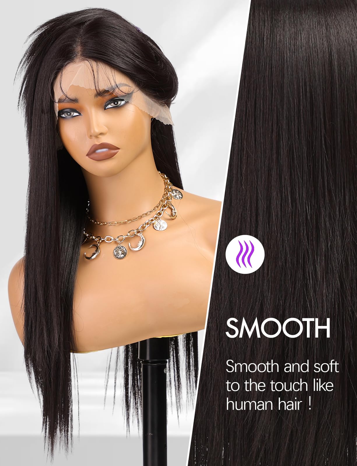 Getshow Lace Front Wig Synthetic Long Straight Gluless Black Wigs With Baby Hair For Women 26Inch