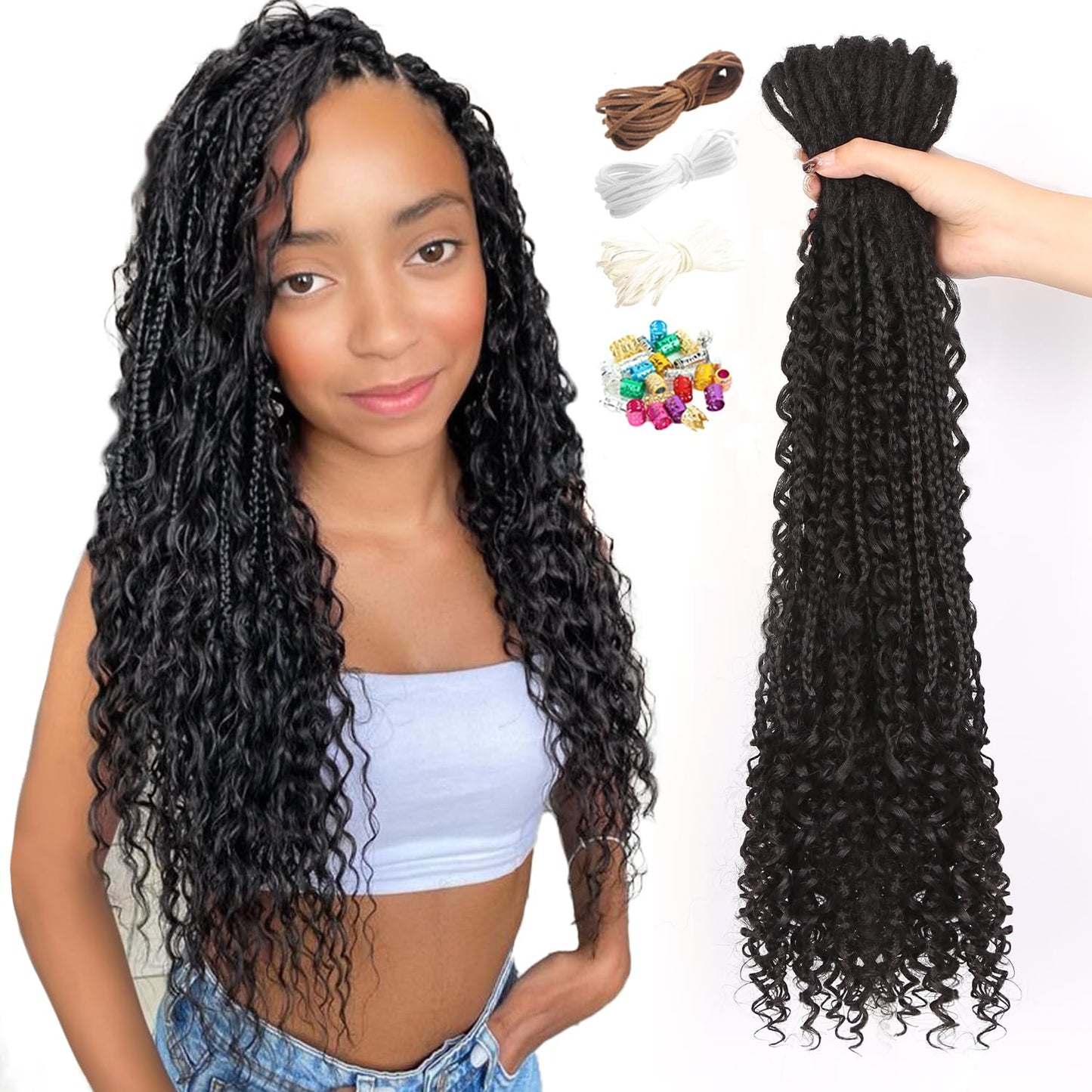 WIGNEE 20 Inches 20 Strands Double Ended Dreadlock Extensions Boho Curly Braid in Dreadlock Extensions Synthetic Double Ended Dreadlock Extensions for White Women (20 Inch，1B)