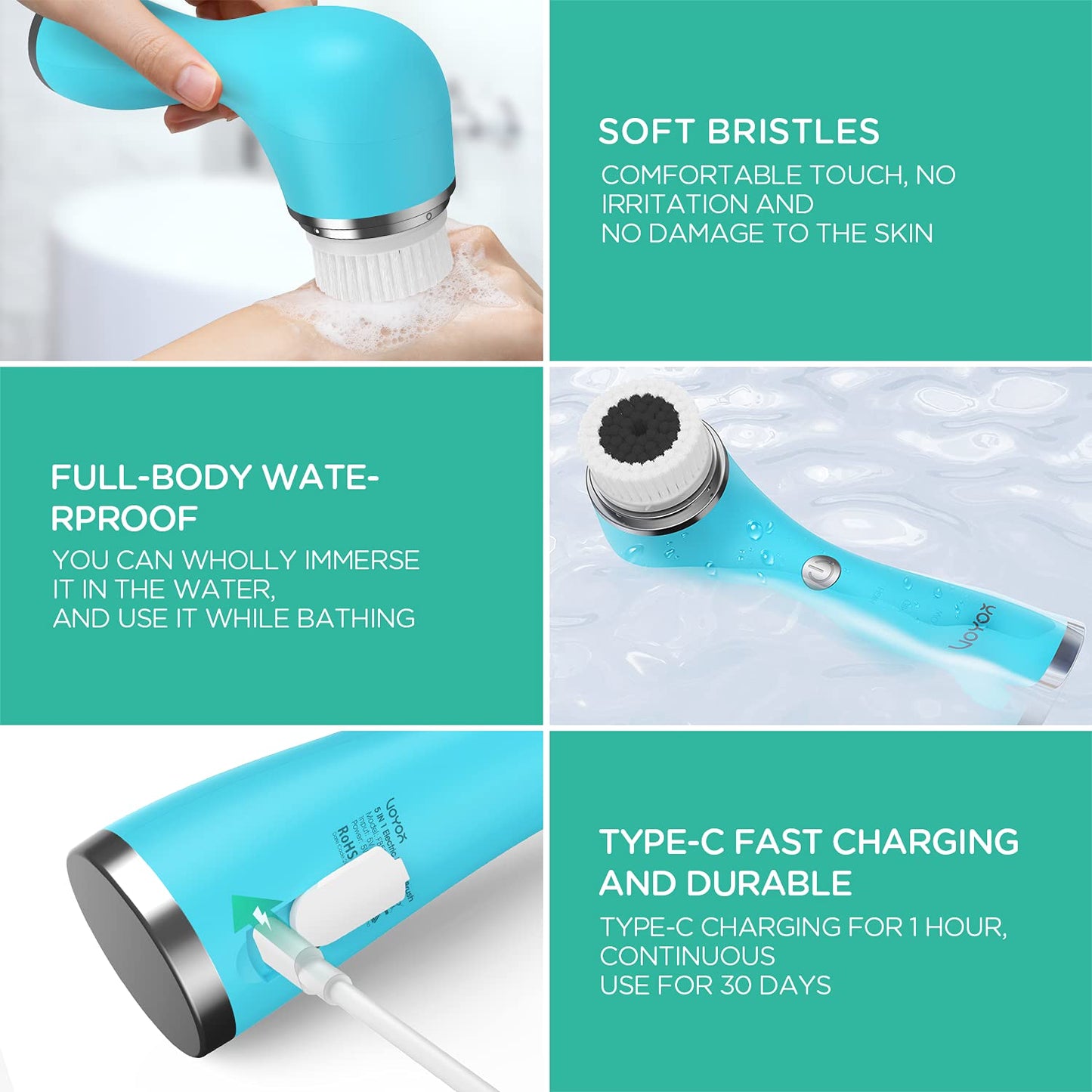 VOYOR Electric Body Brush Back Scrubber for Shower - Facial Cleansing Brush Rechargeable, Spin Face Brush Waterproof 5-in-1 Body Brush Set for Deep Skin Cleansing