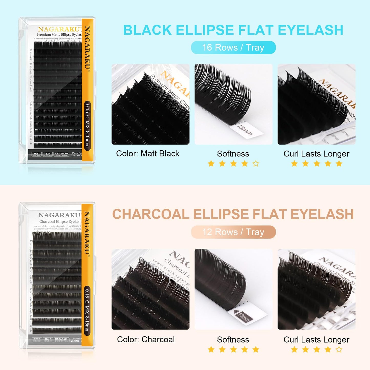 NAGARAKU Double Tips Flat Ellipse Eyelash Extensions Supplies 0.20 C curl 8-12mm Mix Natural Charcoal Color Faux Mink Super Soft Split Tips Individual Lashes