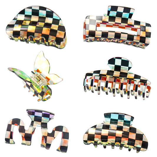 BOWEAR 6 Pcs Dazzle Checkered Hair Clips Black and White Checkered Claw Large Hair Jaw Strong Clip Claws Butterfly Lattice Laser Hair Barrettes for Women Girl Thin Thick Curly Straight Long Hair