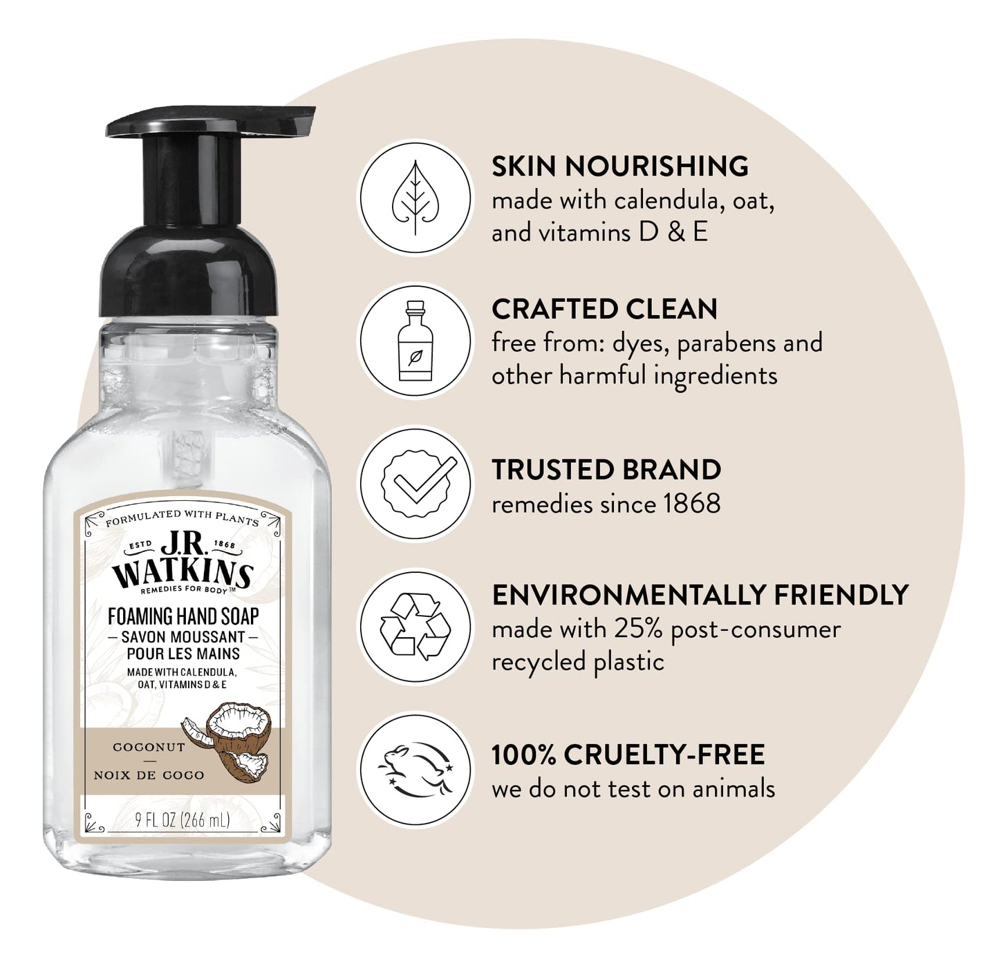 J.R. Watkins Foaming Hand Soap Pump with Dispenser, Moisturizing All Natural Hand Soap Foam, Alcohol-Free Hand Wash, Cruelty-Free, USA Made, Use as Kitchen or Bathroom Soap, Coconut, 9 fl oz, 3 Pack