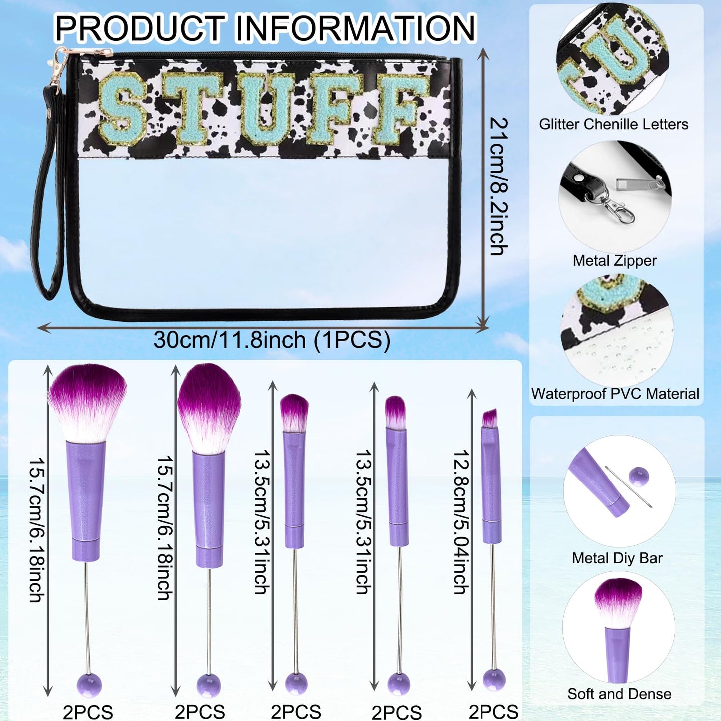 10Pieces Beadable Makeup Brushes Kit with Chenille Letter Stuff PVC Makeup Bag DIY Beaded Eyeshadow Brush for Wedding Party Gift(10pcs-Siliver Brushes and 1pcs-Makeup Bag)