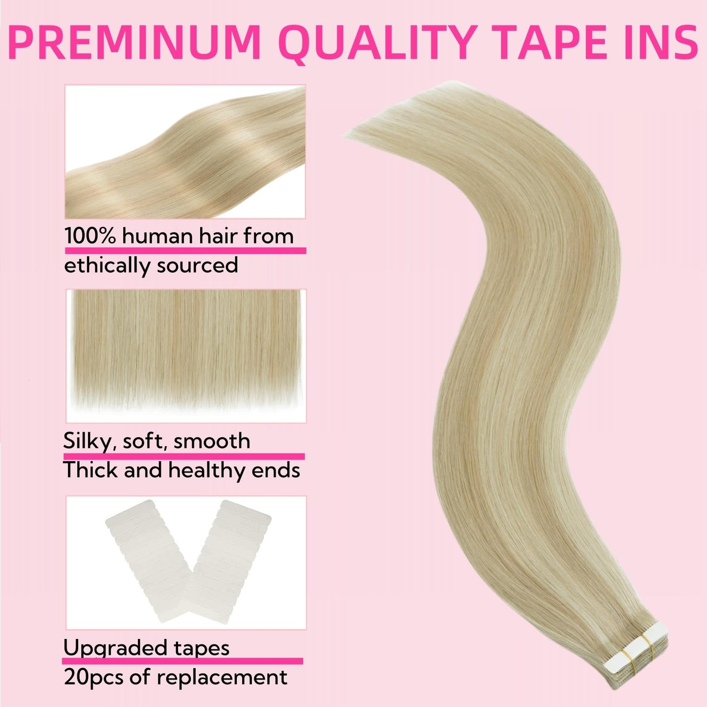 FUOTONBUTY Tape in Hair Extensions Human Hair Balayage Caramel Blonde to Bleach Blonde 12 inch 20 pcs/40g Double Stitched Real Human Hair Extensions Lightweight Invisible Thick Ends