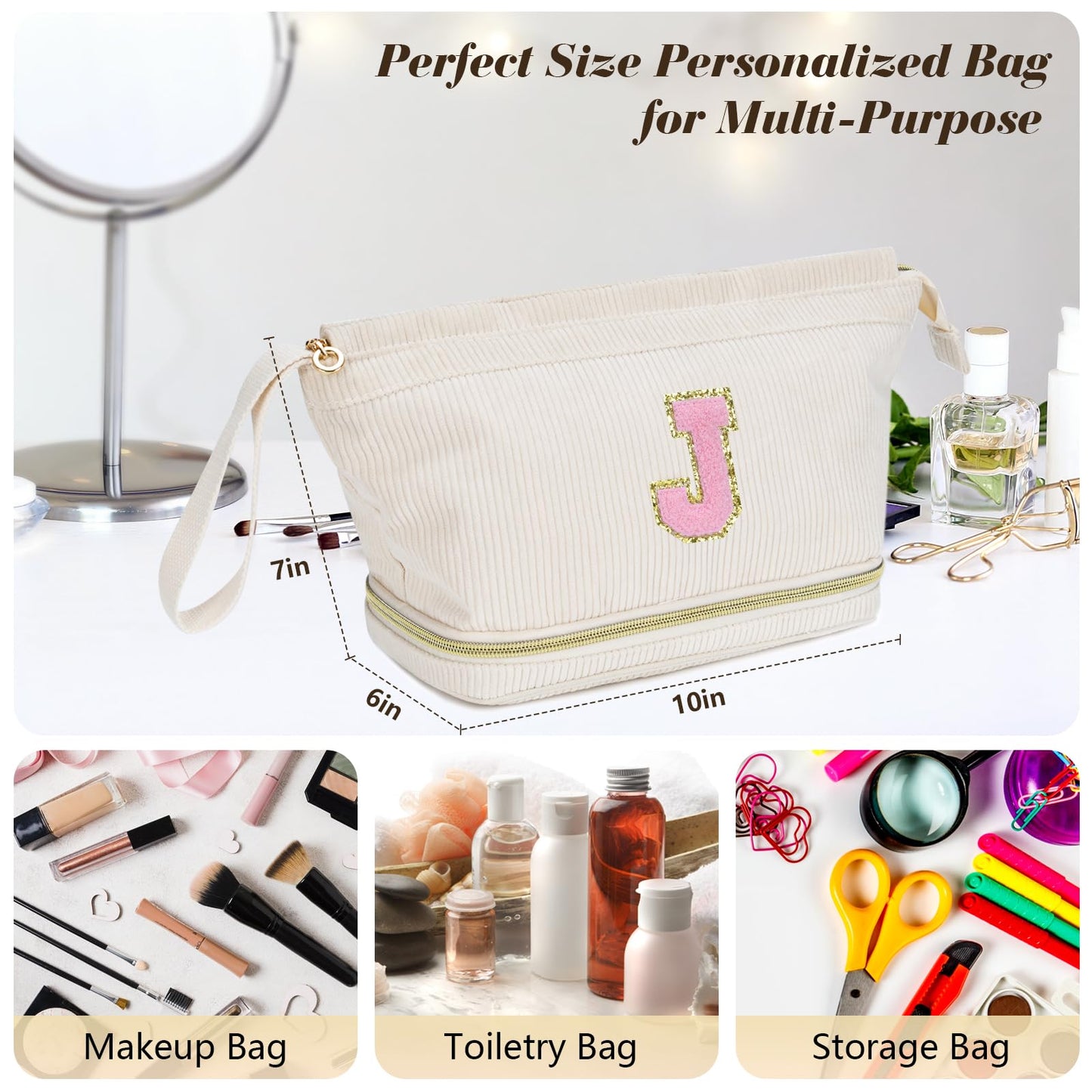 Travel Makeup Bag, Personalized Large Double Layer Make Up Gift Cosmetic Bag for Women, Initials Wide-open Makeup Pouch Organizer Bag for Girls, Roomy Makeup Travel Bags - D