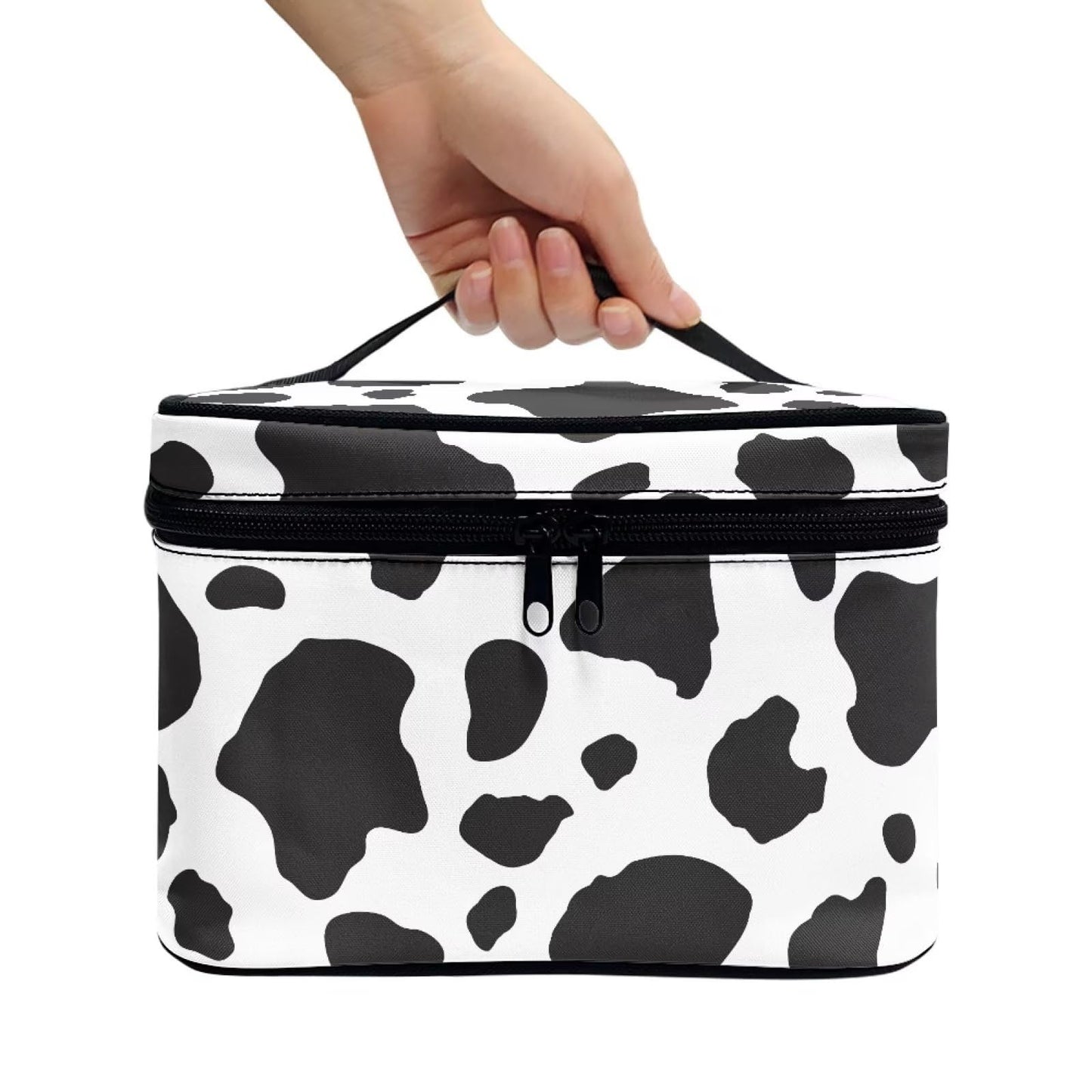 Psaytomey Makeup Brush Bag Black White Cow Print Cosmetic Brush Case Travel Essentials Accessories for Toiletries Cute Purse with Zipper Pocket