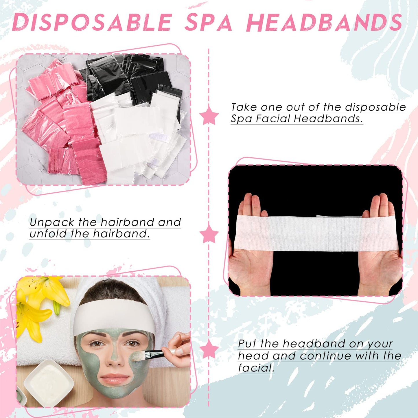 120 Pieces Disposable Headbands for Facials Spa Headbands with Convenient Closure Stretch Non Woven Skin Care Hair Band Soft for Women Salons Face Washing, Shower, Pink, Black, White