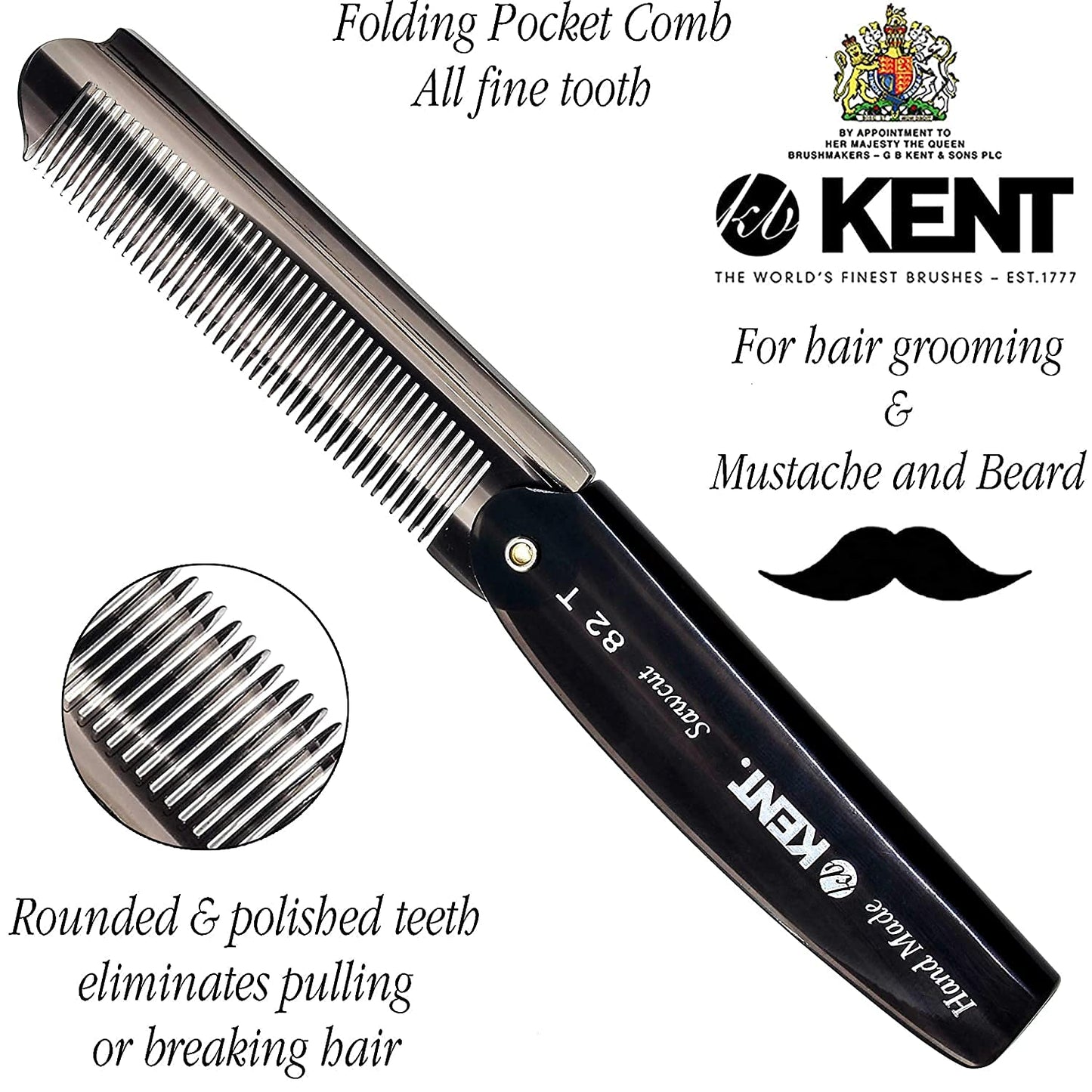 Kent 82T Handmade Folding Pocket Comb for Men, Fine Tooth Hair Comb Straightener for Everyday Grooming Styling Hair, Beard or Mustache, Use Dry or with Balms, Saw Cut Hand Polished, Made in England