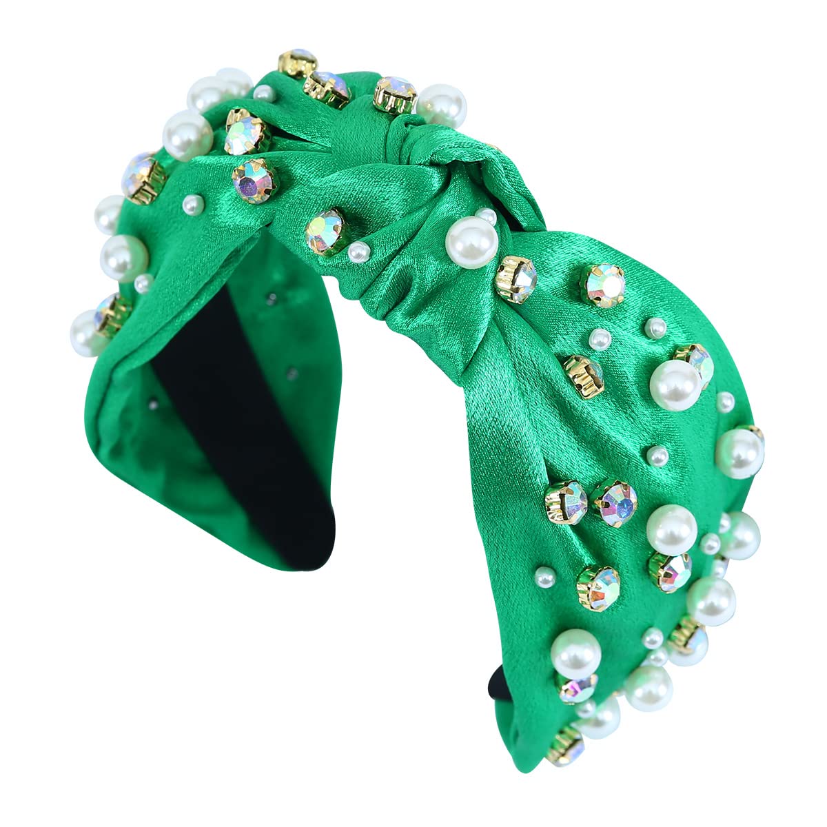 FEDANS Bejeweled Headbands for Women Pearl Rhinestone Knotted Satin Headband Crystal Embellished Green Hairband Ladies Fashion Hair Accessories