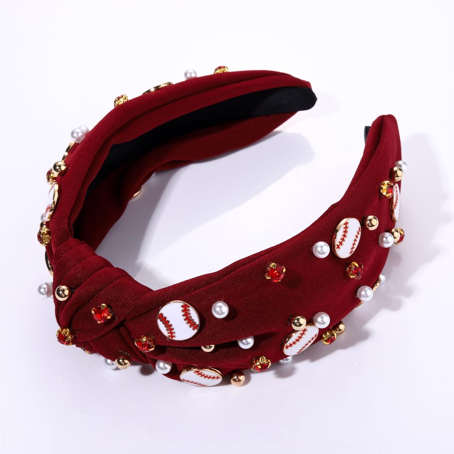 Baseball Headband for Women Baseball Accessories Beaded Crystal Pearl Knotted Headbands Baseball Charm Embellished Headband Wide Top Knot Sports Game Day Headband Gifts (A-Wine Red)