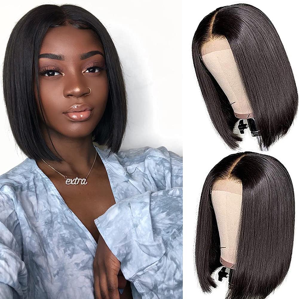 Bob Wig Human Hair 4x4 Closure Straight Short Bob Wig Brazilian Remy Hair for Black Women 150% Density Lace Front Wigs Natural Black