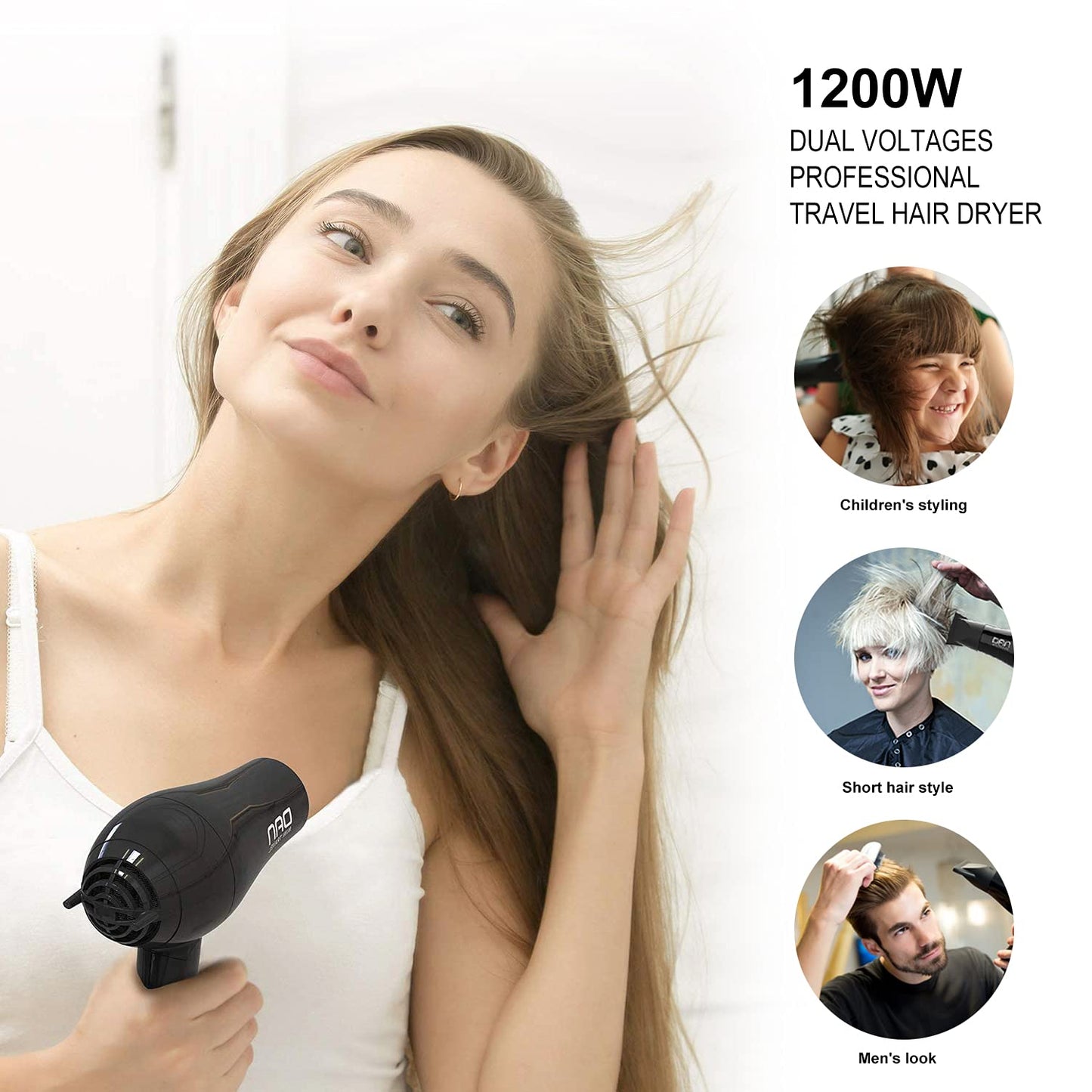 Dan Technology Compact Hair Dryer,Travel Hair Dryer,Portable Mini Blow Dryer with Concentrator&Diffuser,Hair Dryer with European Plug