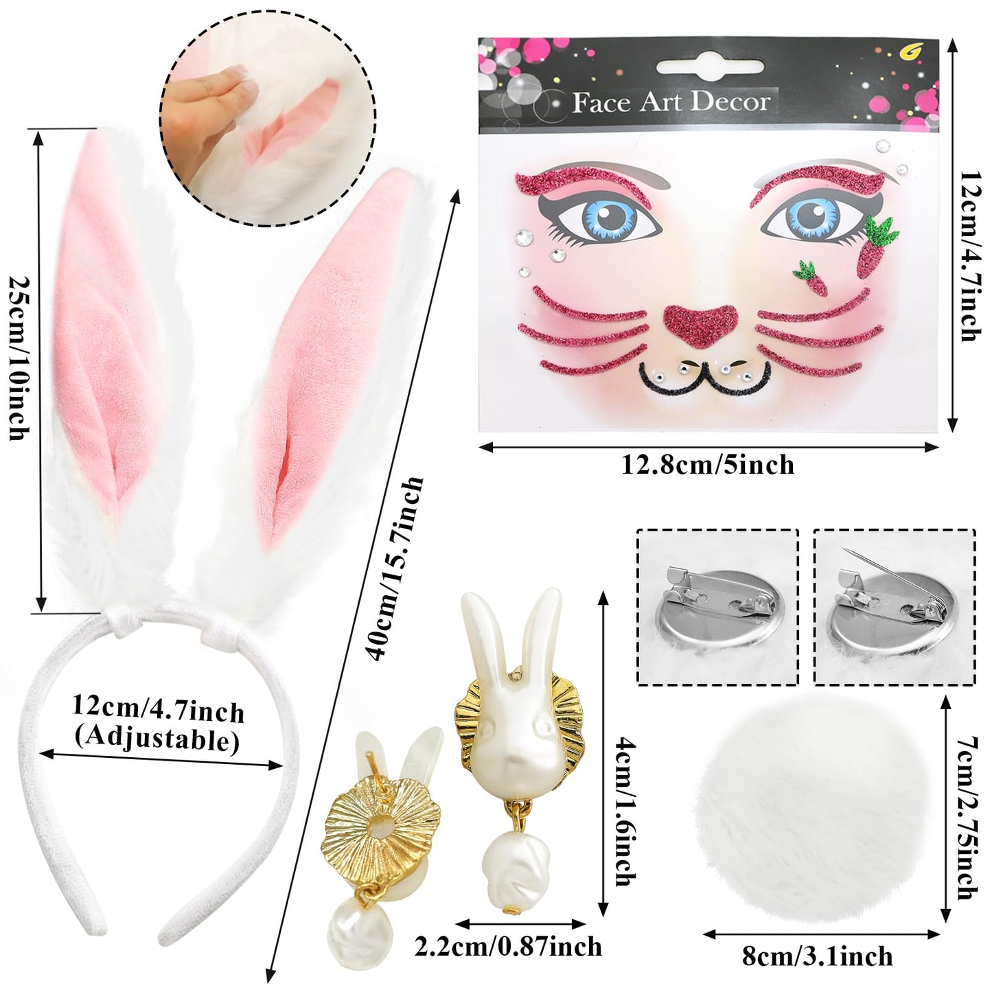 RechicGu 4 Pcs Halloween Bunny Costume Accessories Set Plush Bunny Ears Headbands Bunny Tail Rabbit Headwear Costume Hair Accessories for Women Party Prom Cosplay Easter White Pink