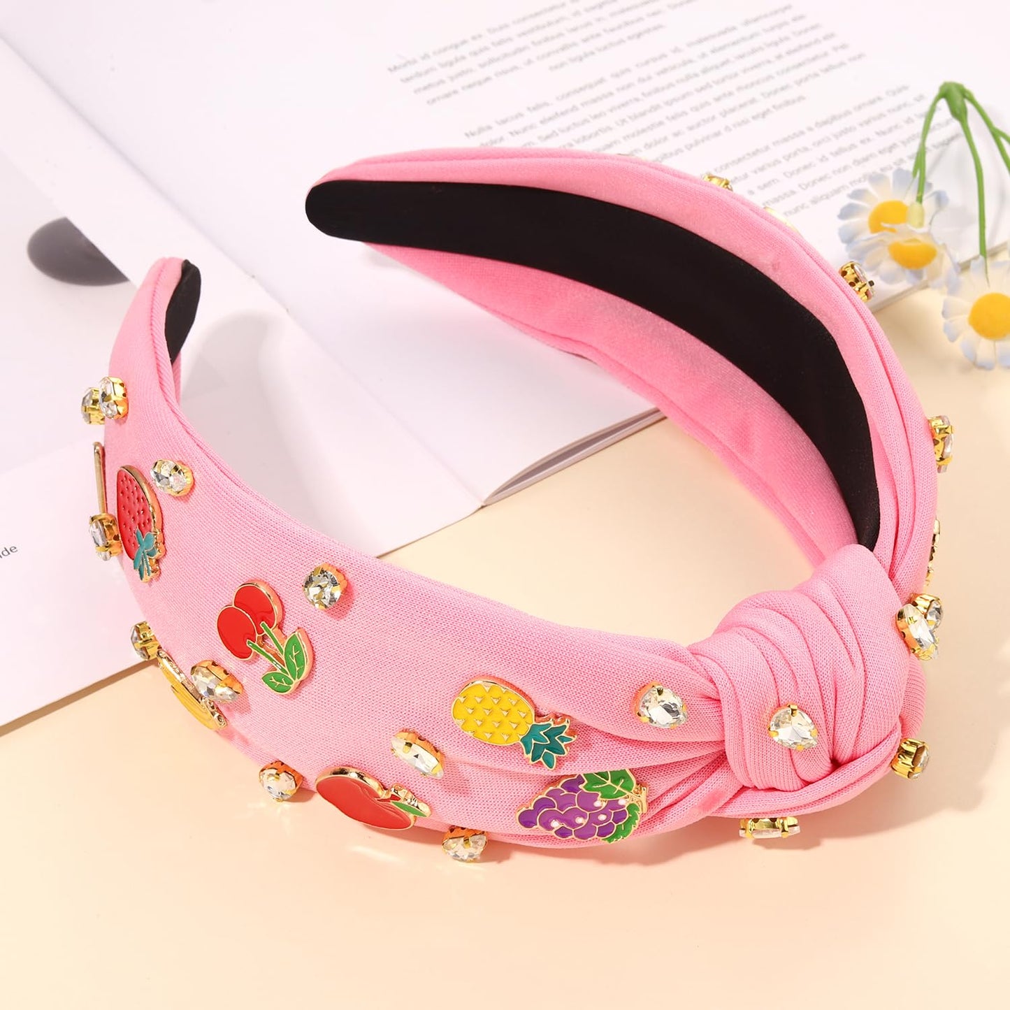 Summer Fruit Headbands for Women Tropical Strawberry Pineapple Cherry Watermelon Headbands Jeweled Rhinestone Knotted Headbands Summer Beach Hair Accessories Outfits Vacation Gifts (Fruit H-Pink)