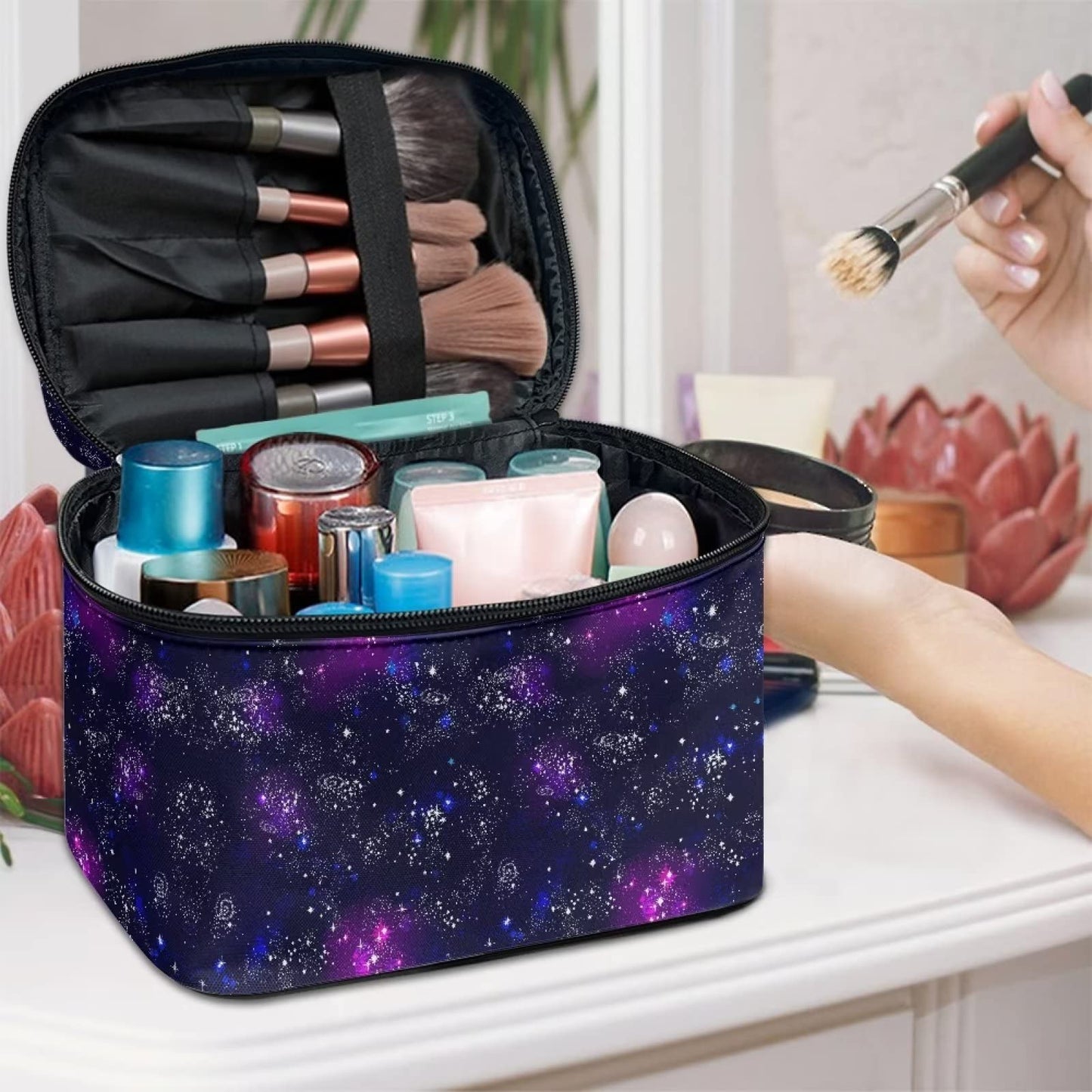 JEOCODY Multifunction Cosmetic Bag Galaxy Print Portable Makeup Pouch Makeup Bag Portable Travel Cosmetic Bag for Cosmetics Makeup Brushes, Girls, Women,