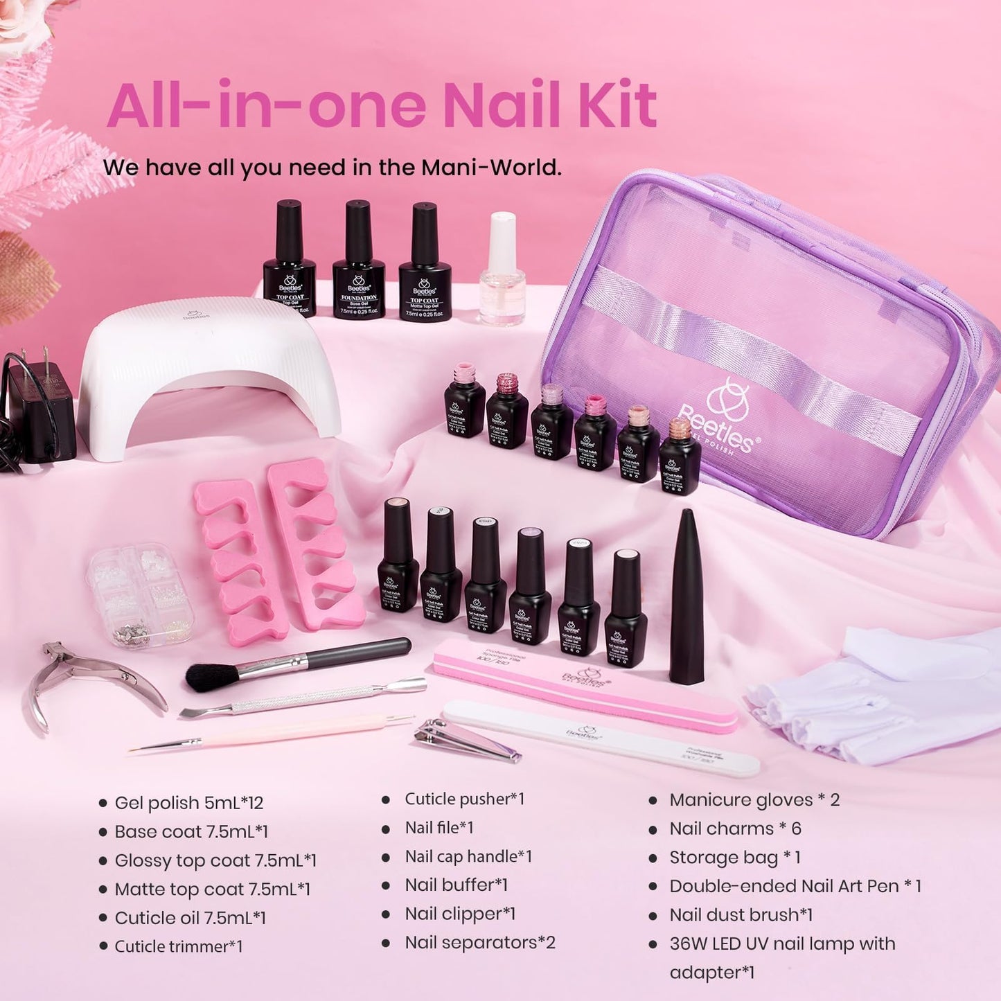 Beetles Gel Nail Polish Kit with 48w Uv Light Gel Nail Starter Kit 12 Colors Pink Nude Blue Glitter Gray Gel Polish with Base Gel Top Coat Soak Off Gel Polish Set Gifts for Women