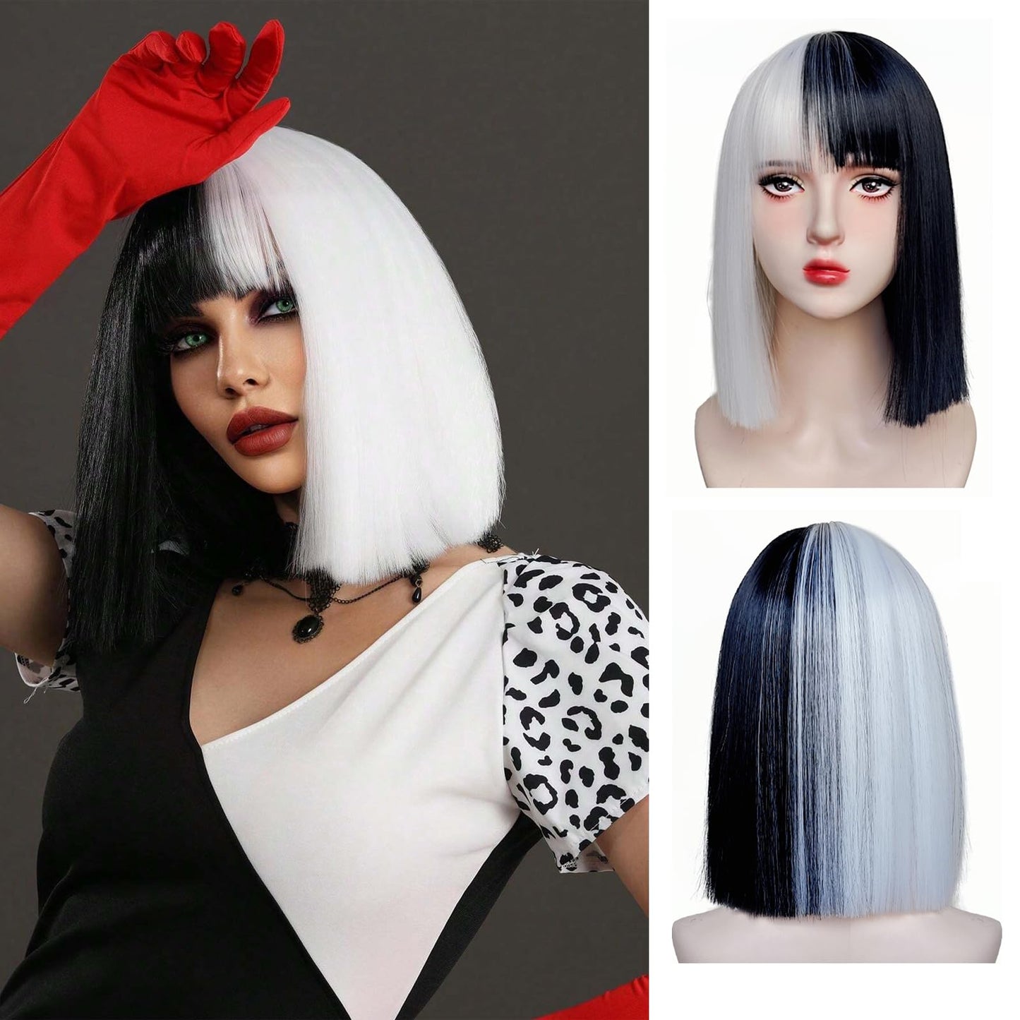 Black and White Wig Bob Wig with Bangs Short White and Black Straight Wig for Women Heat Resistant Synthetic Wig Cruella Deville Wig for Grils Daily Party Halloween Cosplay Use 13inch