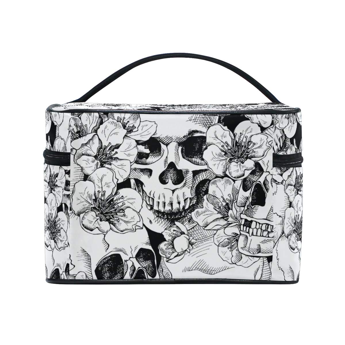 ZOEO Makeup Train Case Sugar Skull Mexican Floral Korean Carrying Portable Zip Travel Cosmetic Brush Bag Organizer Large White Elephant Gift for Girls Women