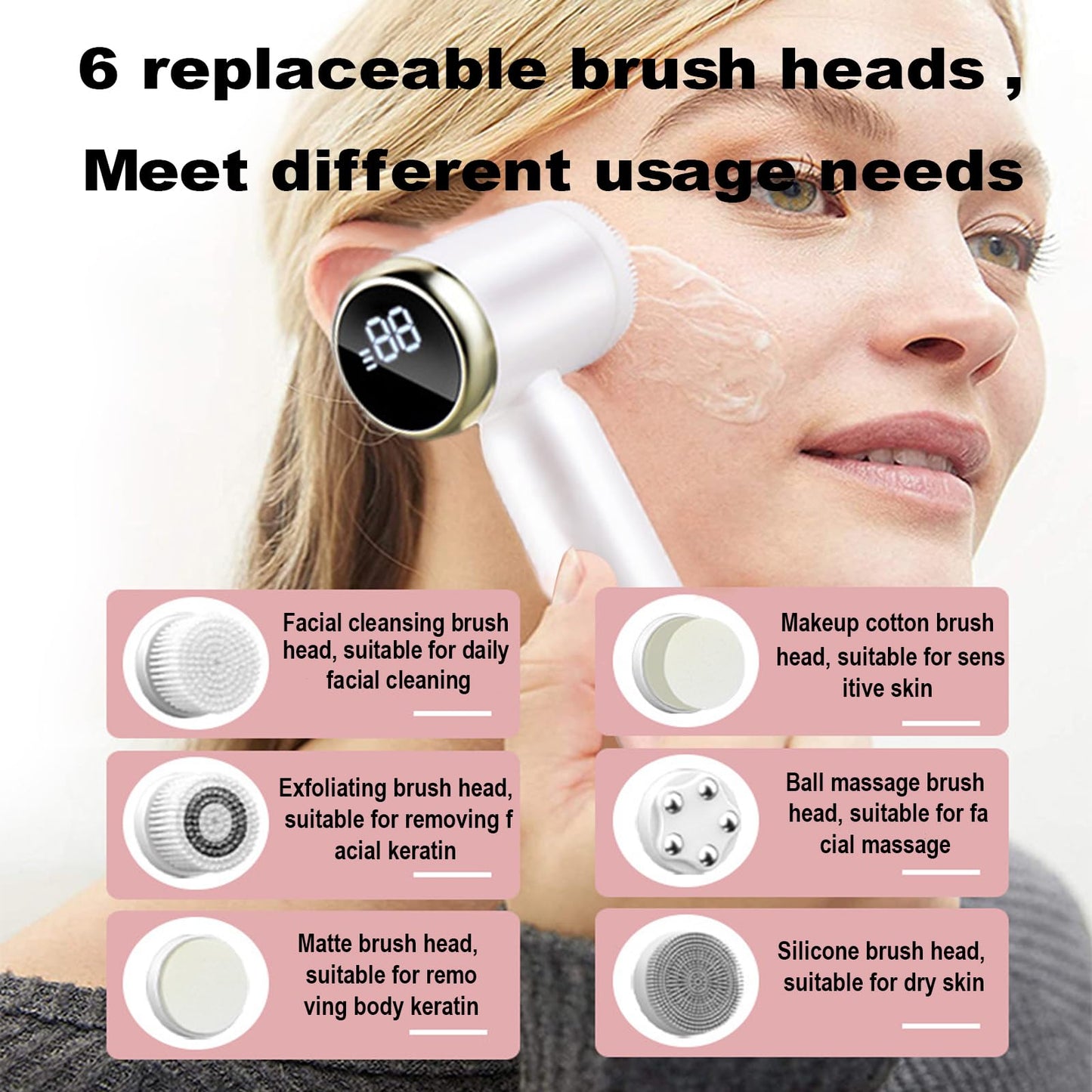 Facial Cleansing Brush, KissDate 6 in 1 Electric Face Scrubber Face Wash Brush Rechargable IPX6 Waterproof Face Scrubber Exfoliator with 6 Brush Heads, Gifts for Teen Girls Women Men