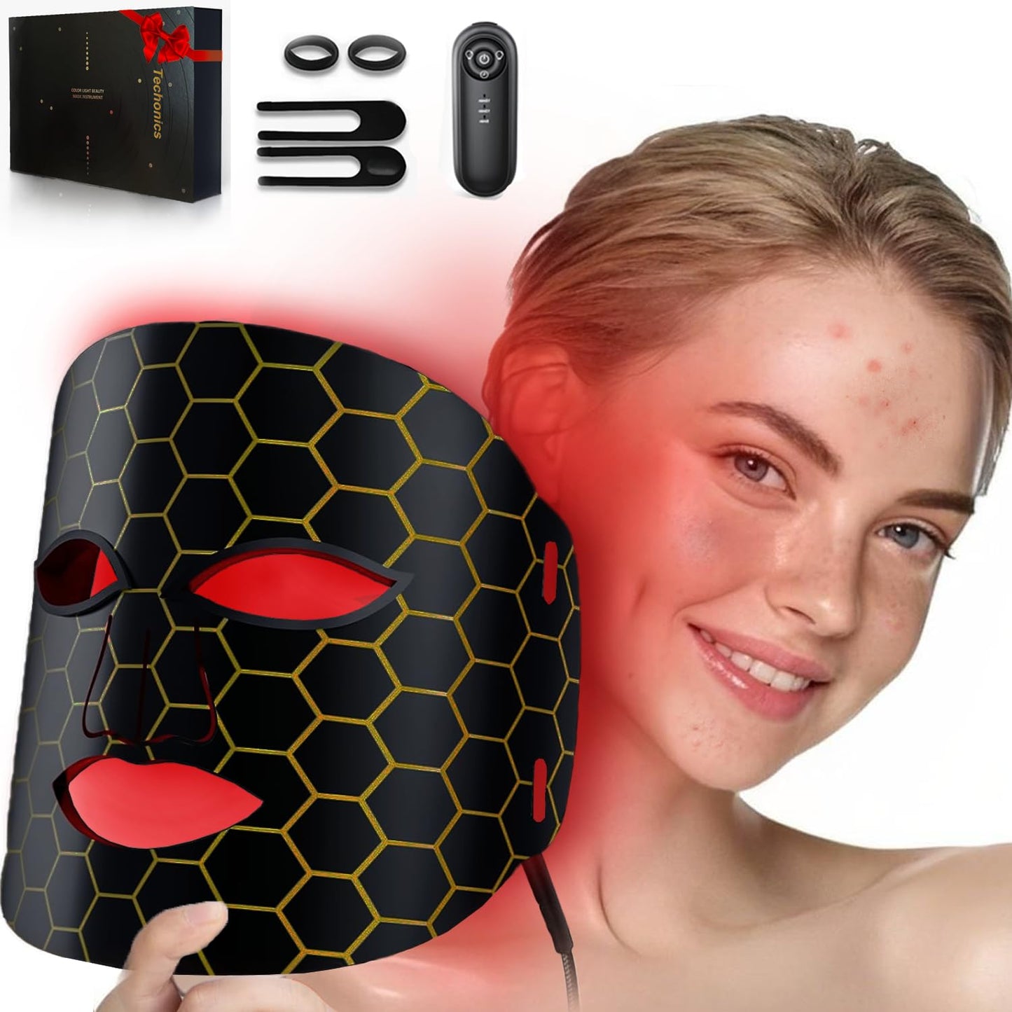 Techonics 7 Colors LED Mask Light Therapy - Red Light Therapy Mask for Face - Helps Reducing Appearance of Ac-ne, Fine Lines, Wrinkles for Youthful Glow – Flexible and Rechargeable – Ebony Black