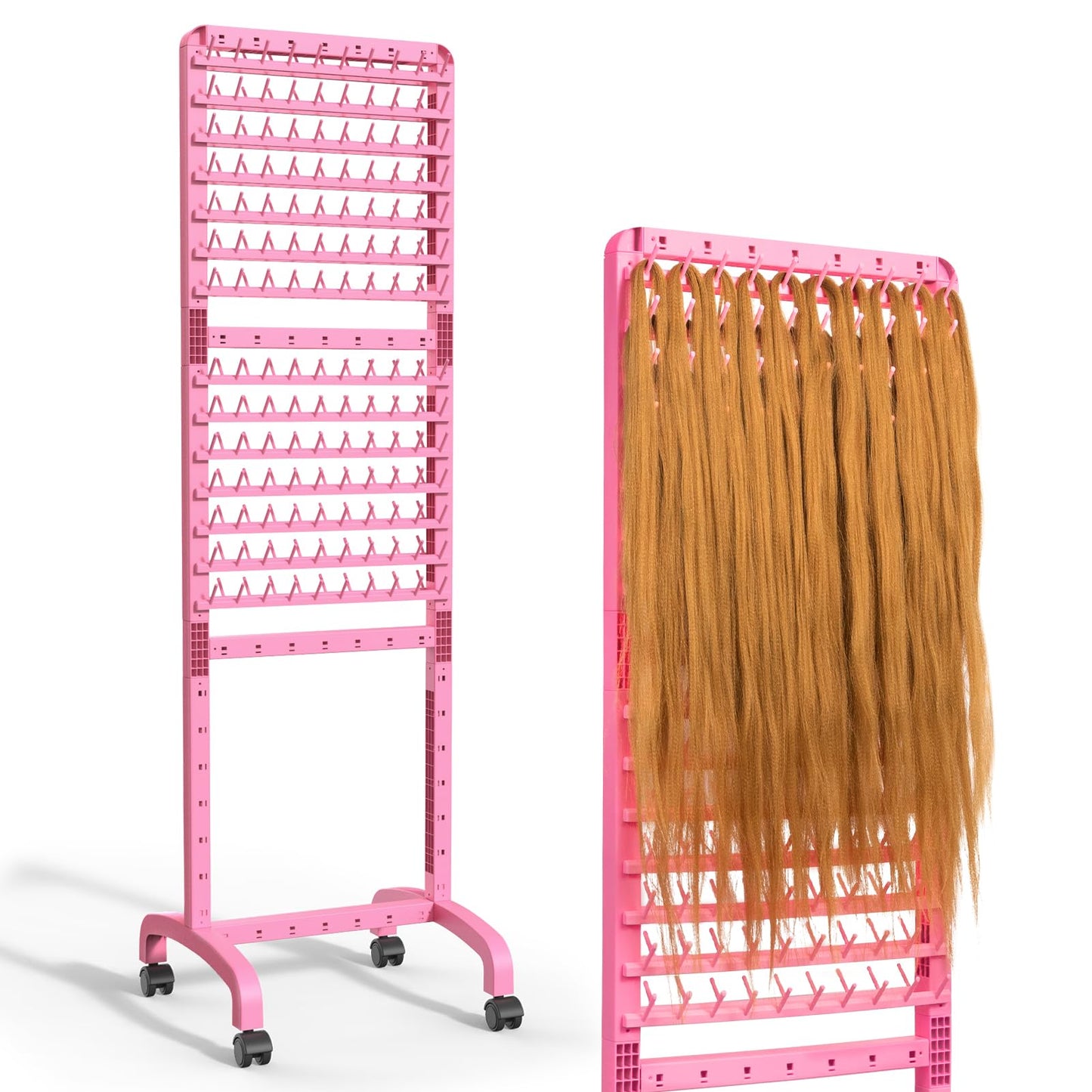 Yumkfoi Adjustable Braiding Rack 280 Pegs, 2-Sided Braiding Hair Rack, Hair Racks for Braiders Standing with Wheels, Pink Hair Separator Braid Rack for Braiders Standing for Stylists