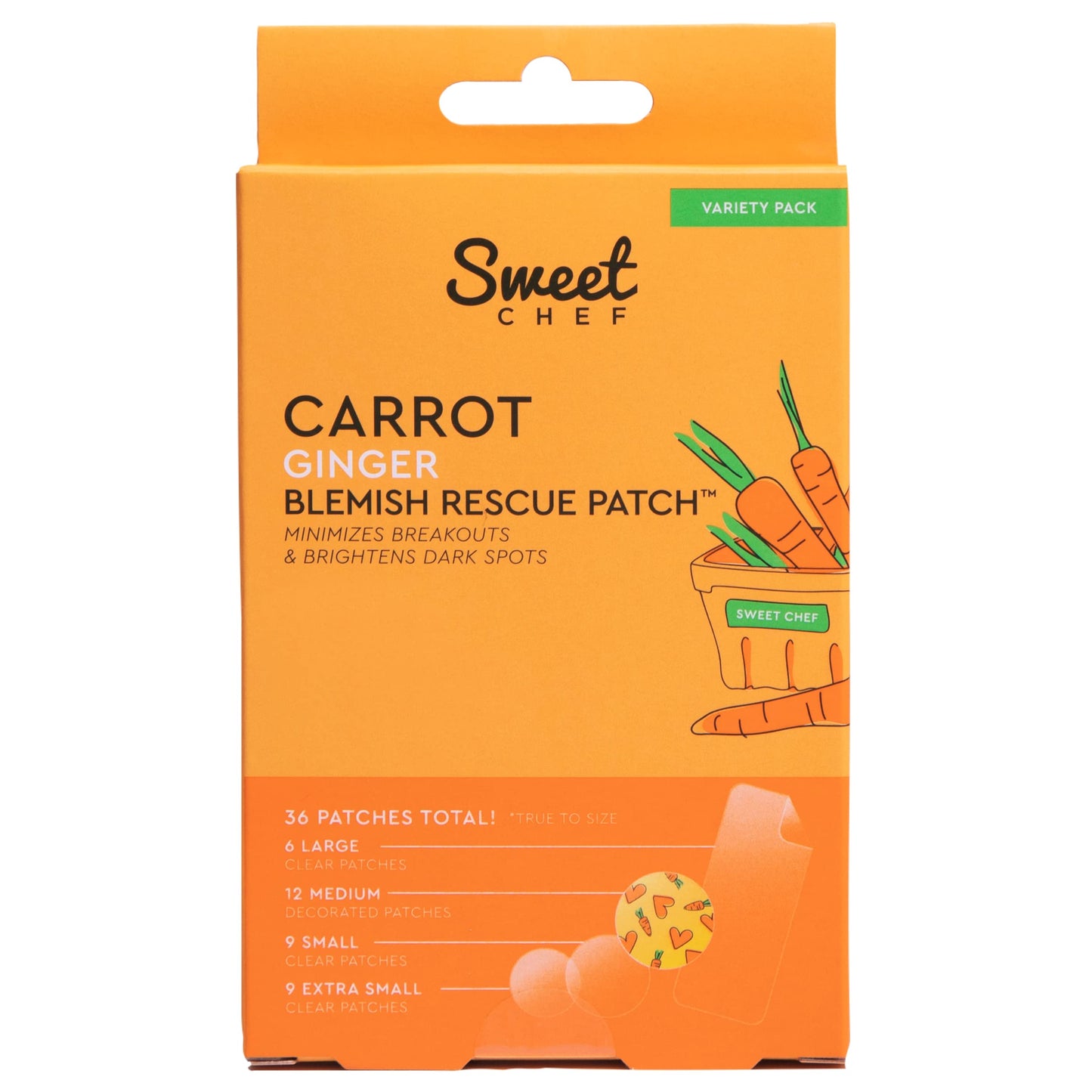 Sweet Chef Carrot Ginger Rescue Blemish Patches - Hydrocolloid Bandages Spot Treatment - 4 Different Shape and Size Pimple Patches with Resurfacing Carrot & Brightening Ginger (36 Patches)