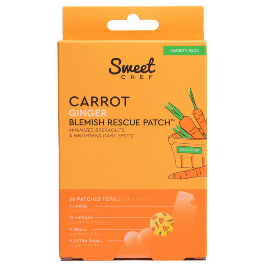 Sweet Chef Carrot Ginger Rescue Blemish Patches - Hydrocolloid Bandages Spot Treatment - 4 Different Shape and Size Pimple Patches with Resurfacing Carrot & Brightening Ginger (36 Patches)