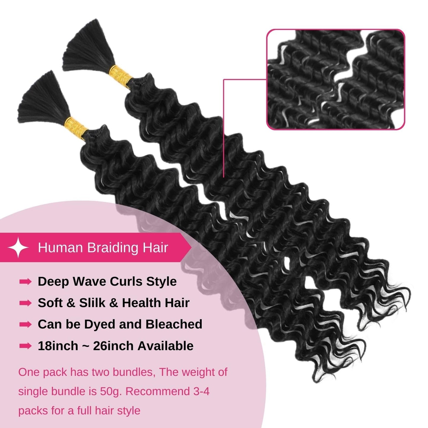 Human Braiding Hair Deep Wave Bulk Human Hair for Braiding 100% Unprocessed Brazilian Virgin Human Braiding Hair For Micro Braids No Weft 100g (1Pack-2Bundles) Curly Deep Bulk 26 inch