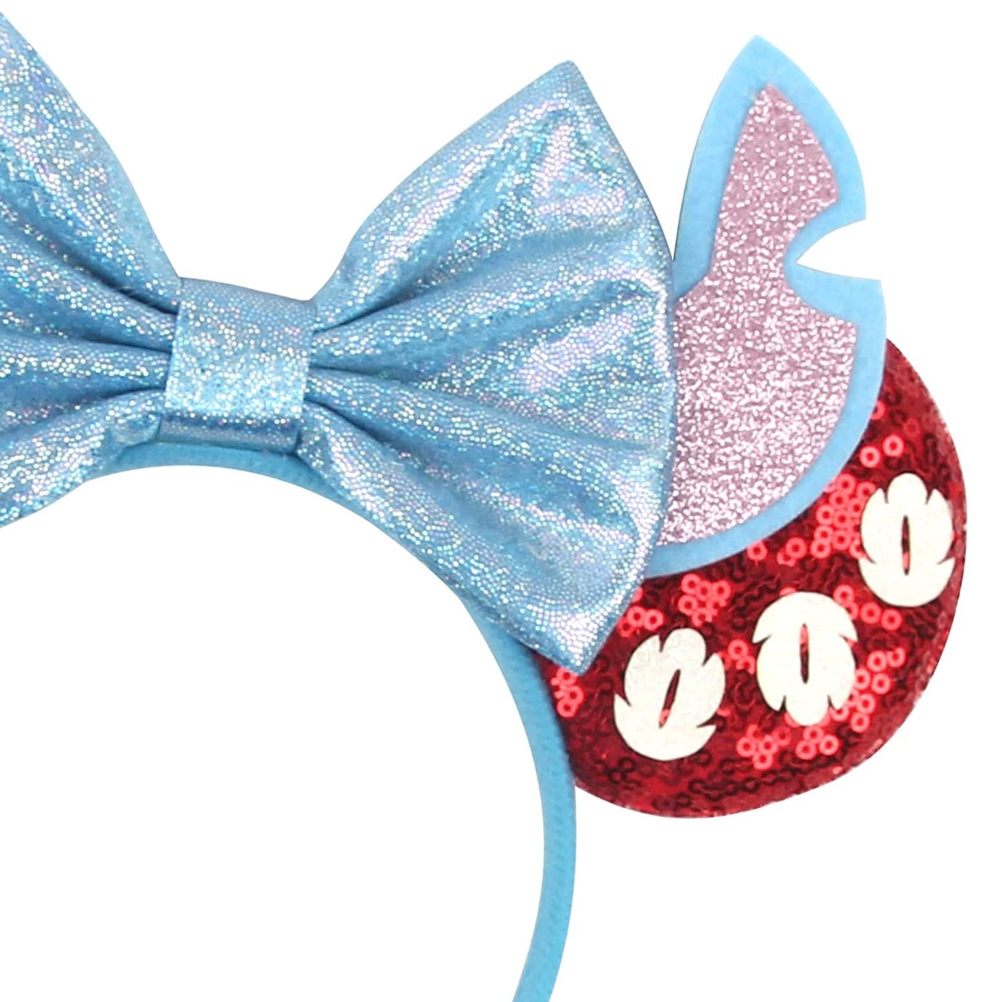 zhezesmila Shiny Mouse Ears Headband and Hair Clips, Glitter Party Princess Decoration with Blue Bow Hair Accessories for Girls Women Adult Kids Birthday Party(blue&white&red)