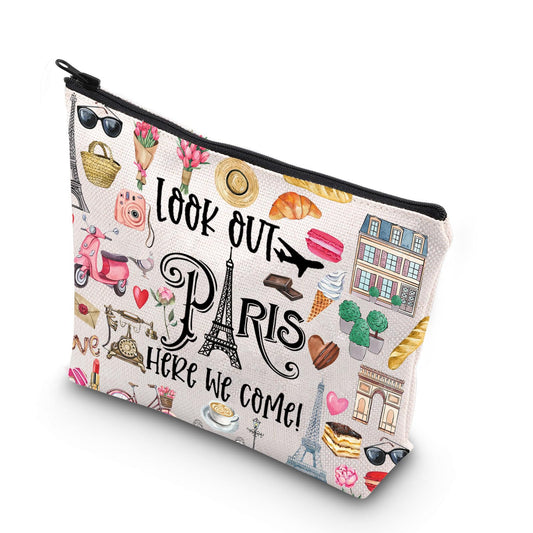 JNIAP Paris Themed Makeup Bag Paris Trip Gifts Paris Travel Bag Paris Toiletry Bag Paris Zipper Pouch Paris Makeup Pouch (look out paris)