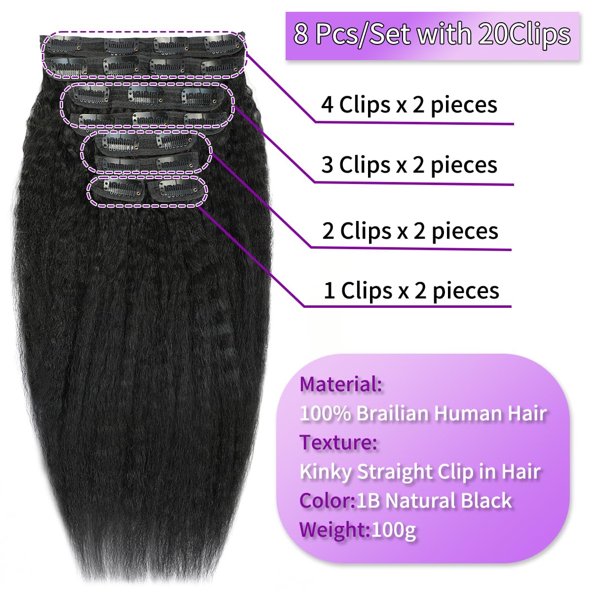 CALNESHIA 20 Inch Kinky Straight Clip in Hair Extensions Real Human Hair Yaki Straight Clip Ins Human Hair Extension Seamless Clip ins for Black Women 8Pcs 100g 20Clips Natural Black