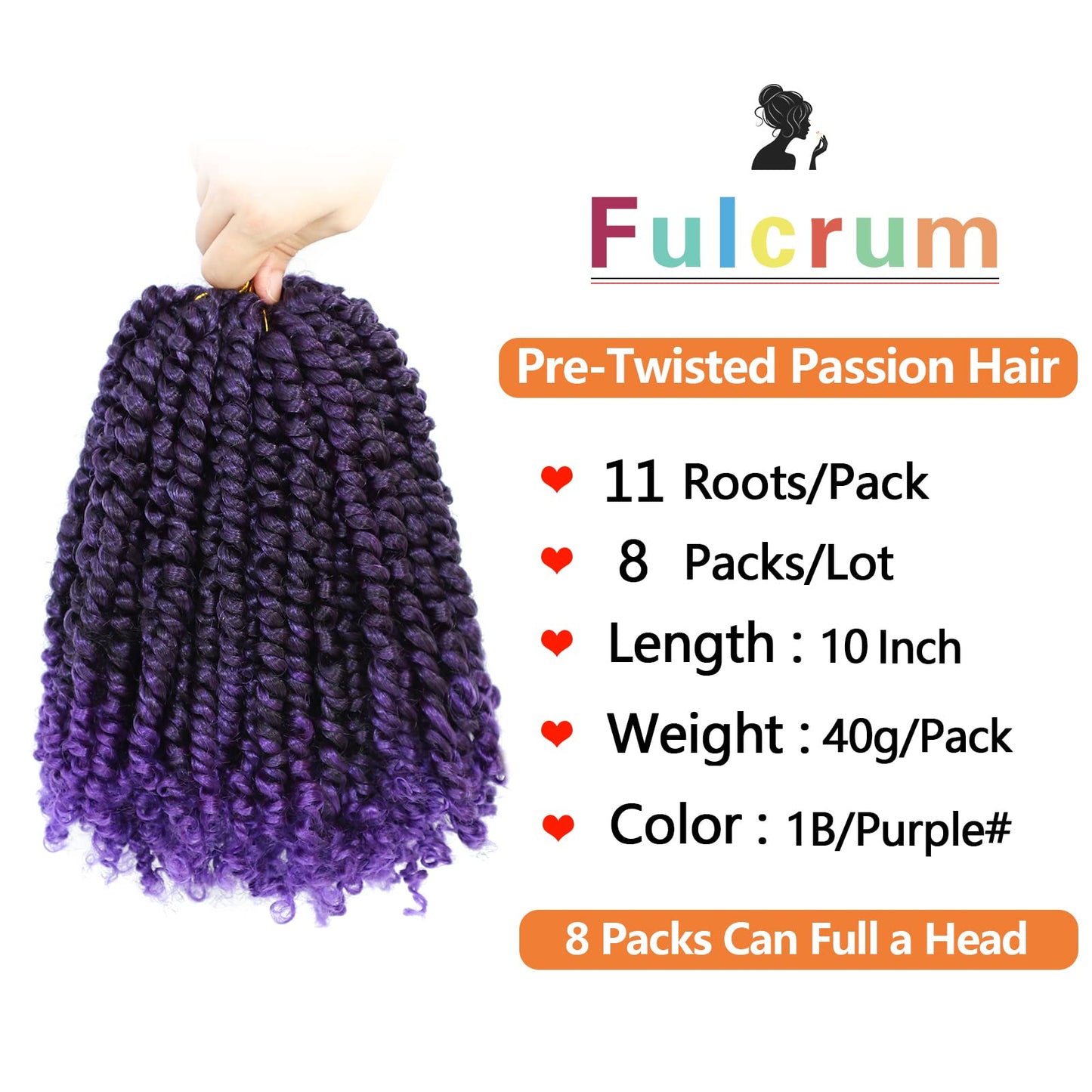 Fulcrum Passion Twist Crochet Hair 10 Inch, 8 Packs Pre Looped Passion Twist Hair, Pre-Twisted Passion Twist Crochet Hair For Black Women (10Inch (Pack of 8), 1B/Purple#)