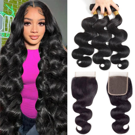 Body Wave Bundles with Closure(10/12/14+10 Free Part Closure) Human Hair 3 Bundles with Free Part Closure Human Hair Braziian Virgin Human Hair Bundles with 4x4 inch Hand-Tied Lace Closure