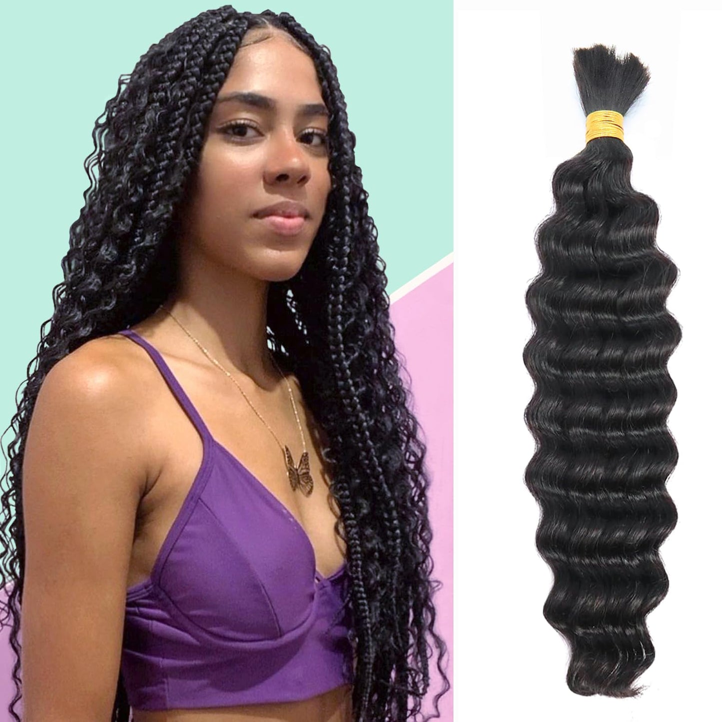 IXIMII Deep Wave Human Hair Bulk for Braiding 22 inch 3.5oz(100g) 100% Human Hair Bundles Natural Black No Weft Curly Hair Extensions for Boho Braids