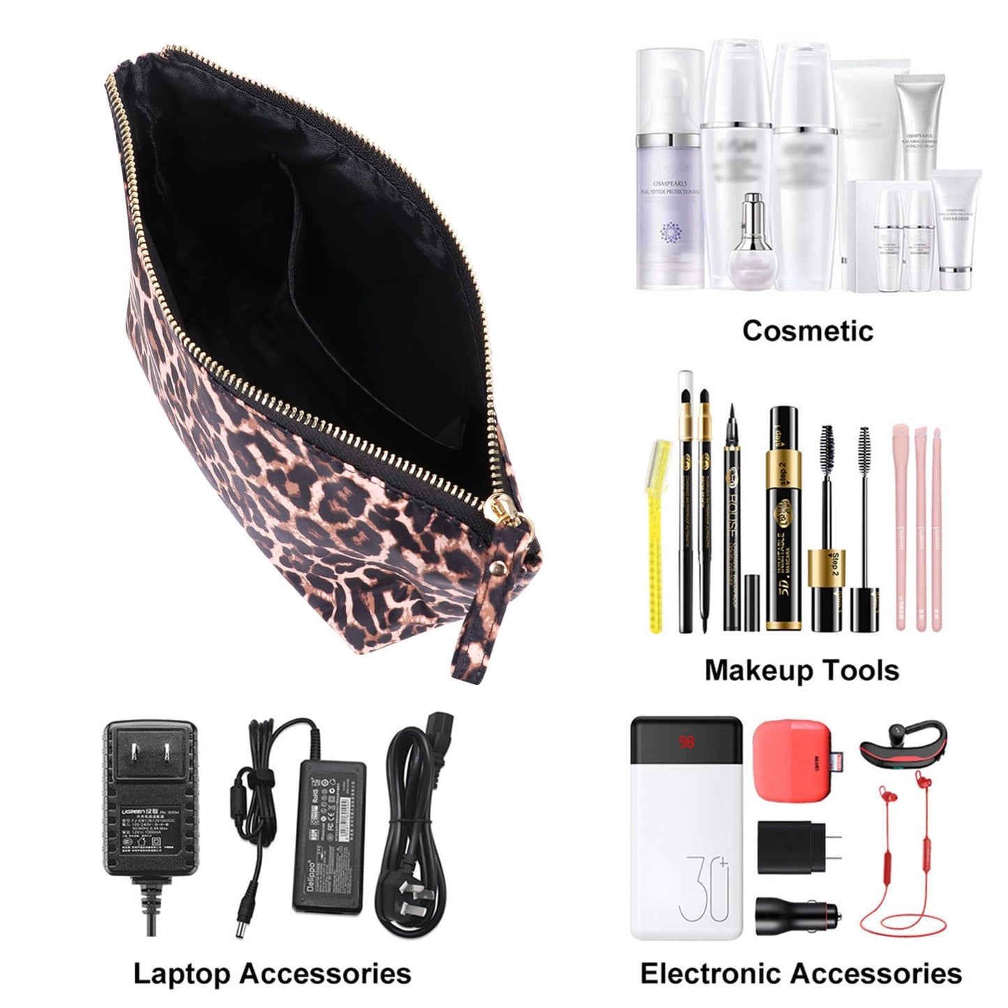 HAWEE Makeup Bags for Purse Zipper Cosmetic Pouch Large Travel Make Up Organizer Tool Pouch for Women, Leopard