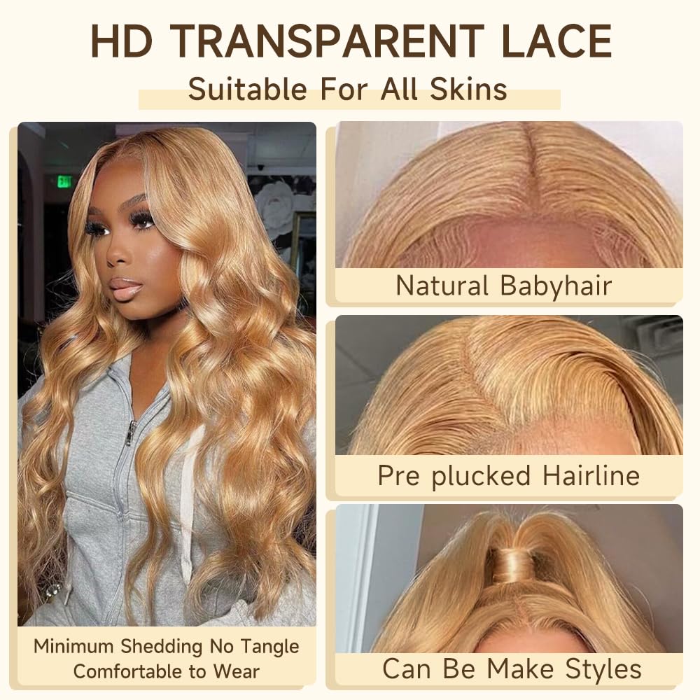 PLAASET Honey Blonde Lace Front Wig Human Hair Pre Plucked 200% Density Body Wave Honey Blonde HD Lace Front Wigs Human Hair 27# Colored Ash Blonde Wig Human Hair 13X4 HD Lace Frontal Wigs 20 Inch