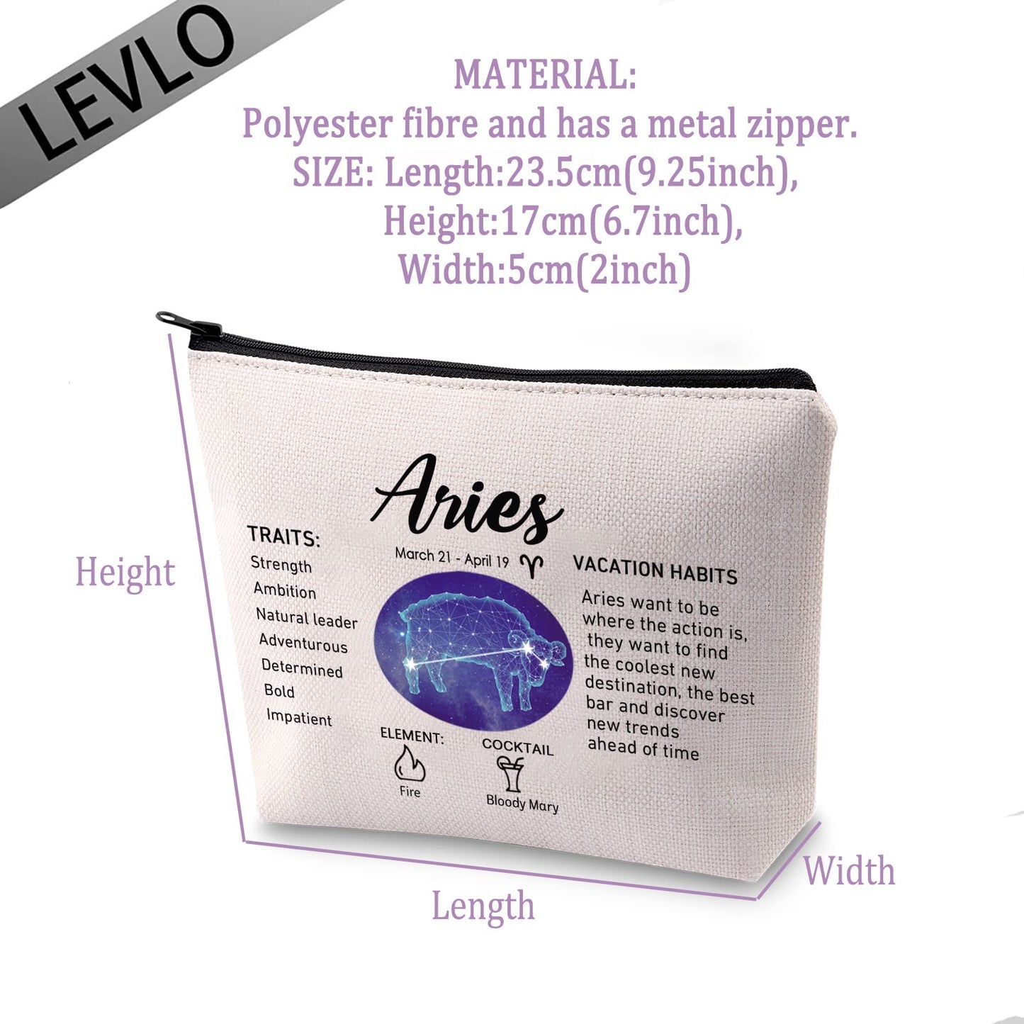 LEVLO 12 Constellation Travel Toiletry Bags 12 Zodiac Cosmetic Makeup Bag Christmas Mother's Day Birthday Gifts(Aries)