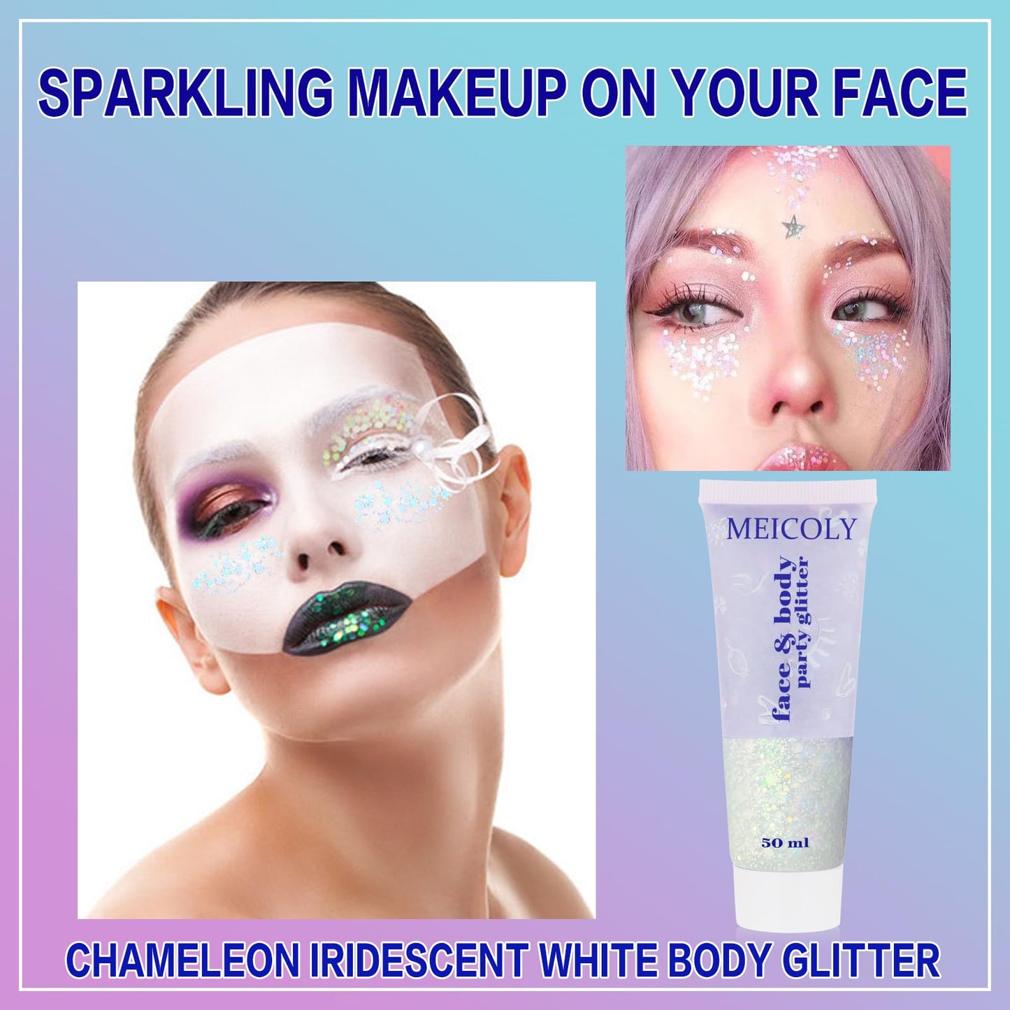 MEICOLY Chameleon Iridescent White Body Glitter,Chunky Face Glitter Paint,Color Changing Mermaid Face Glitter Gel,Opal Glitter Sequin for Face Body Hair,Halloween Festival Party Cheer Makeup,50ml