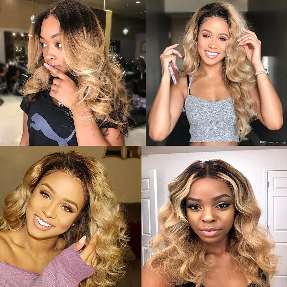 1B/27 Bundles Ombre Highlight Body Wave Human Hair Bundles 8A Grade Brazilian Unprocessed Virgin Hair 3 Bundles 12 12 12 Inch Blonde Body Wave Bundles Remy Human Hair Extensions