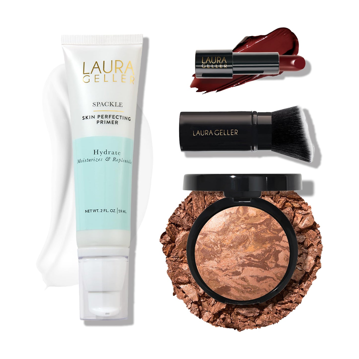 LAURA GELLER NEW YORK Effortless Essentials Kits (4pc): Baked Balance-n-Brighten Foundation, Tan + Spackle Makeup Primer, Hydrate + Modern Classic Cream Lipstick, Berry Bliss + Kabuki