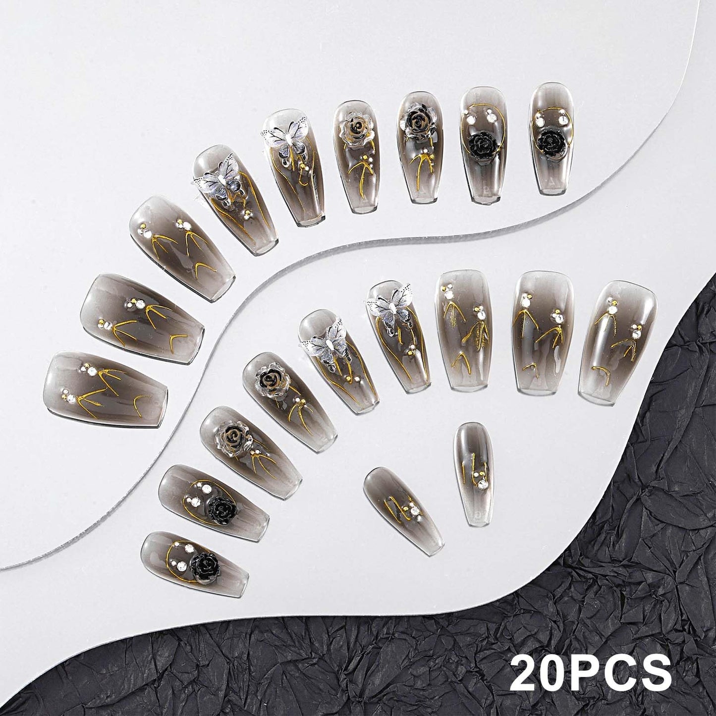 Sethexy Black Gradient Press On Nails 3D Crystal Flower Handmade False Nails Acrylic Glossy Fake Nail for Women and Girls 20PCS (V)