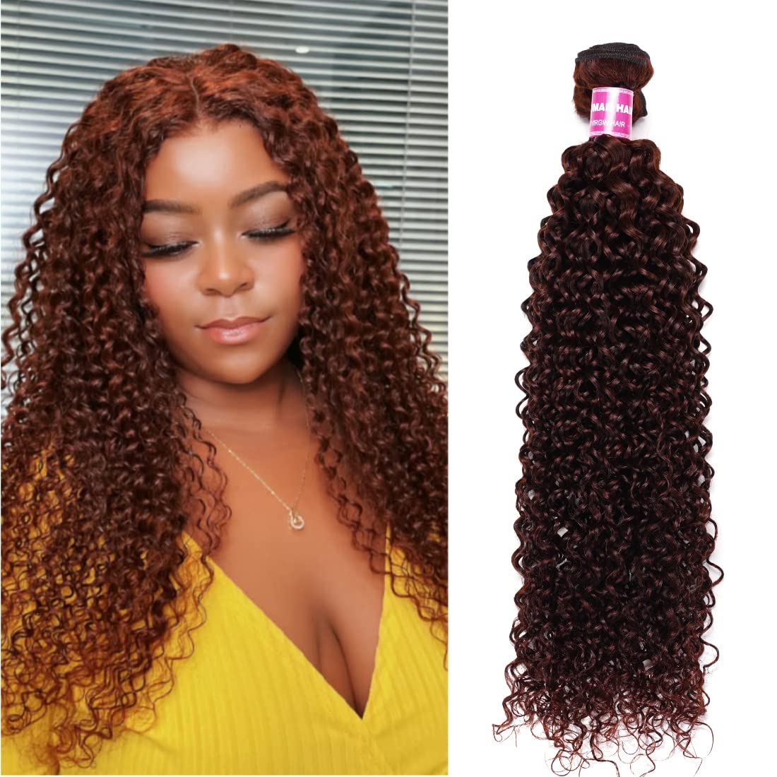 Nadula Red Brown Jerry Curly 1 Bundle Human Hair 10A Grade 100% Unprocessed Brazilian Remy Hair Bundles Reddish Brown Curls Weave Wavy Bundles Human Hair for Deep Skin Tones 16inch