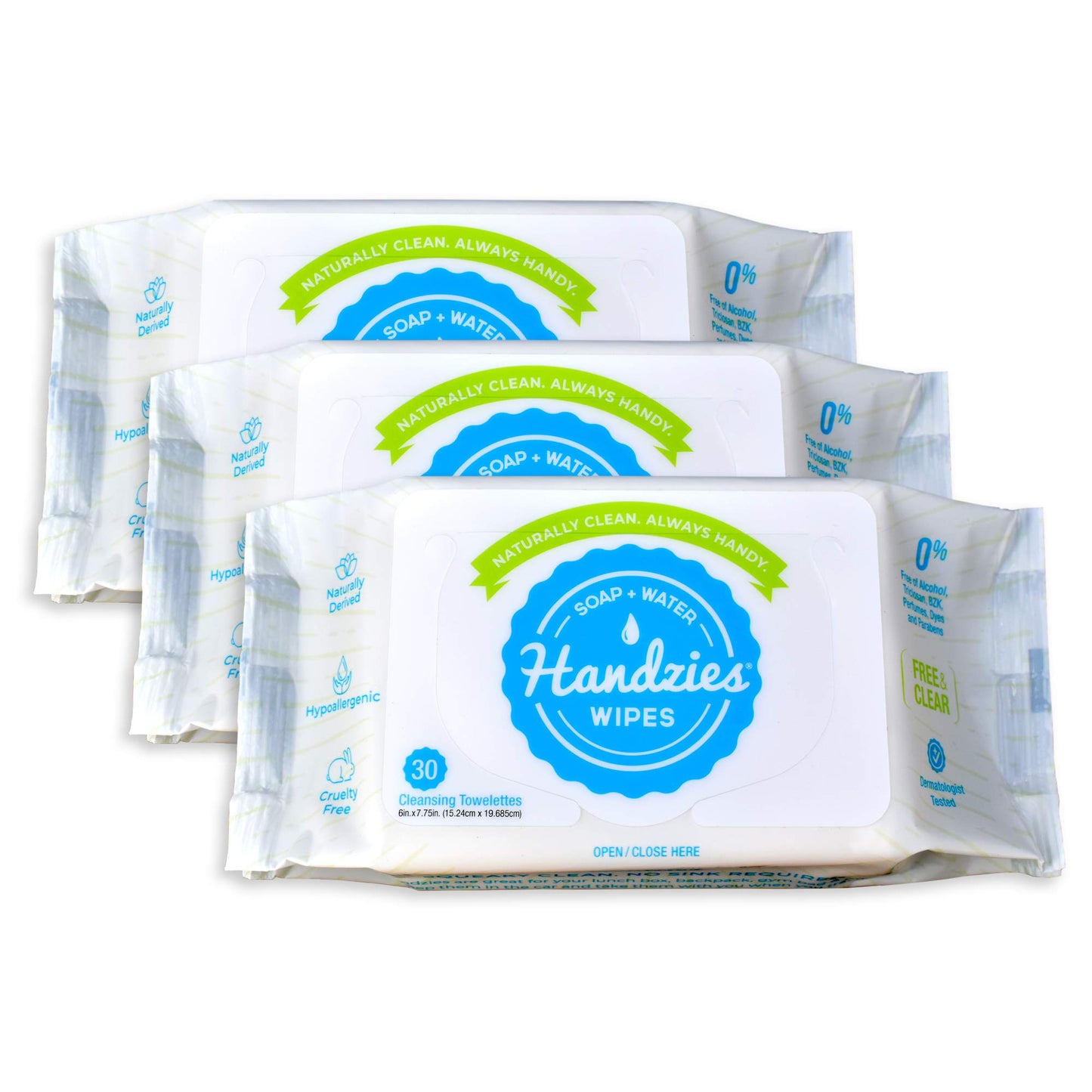 Handzies Soap and Water Wipes Free&Clear Bundle 100 Individually Packaged Singles and Three 30ct Soft Pack