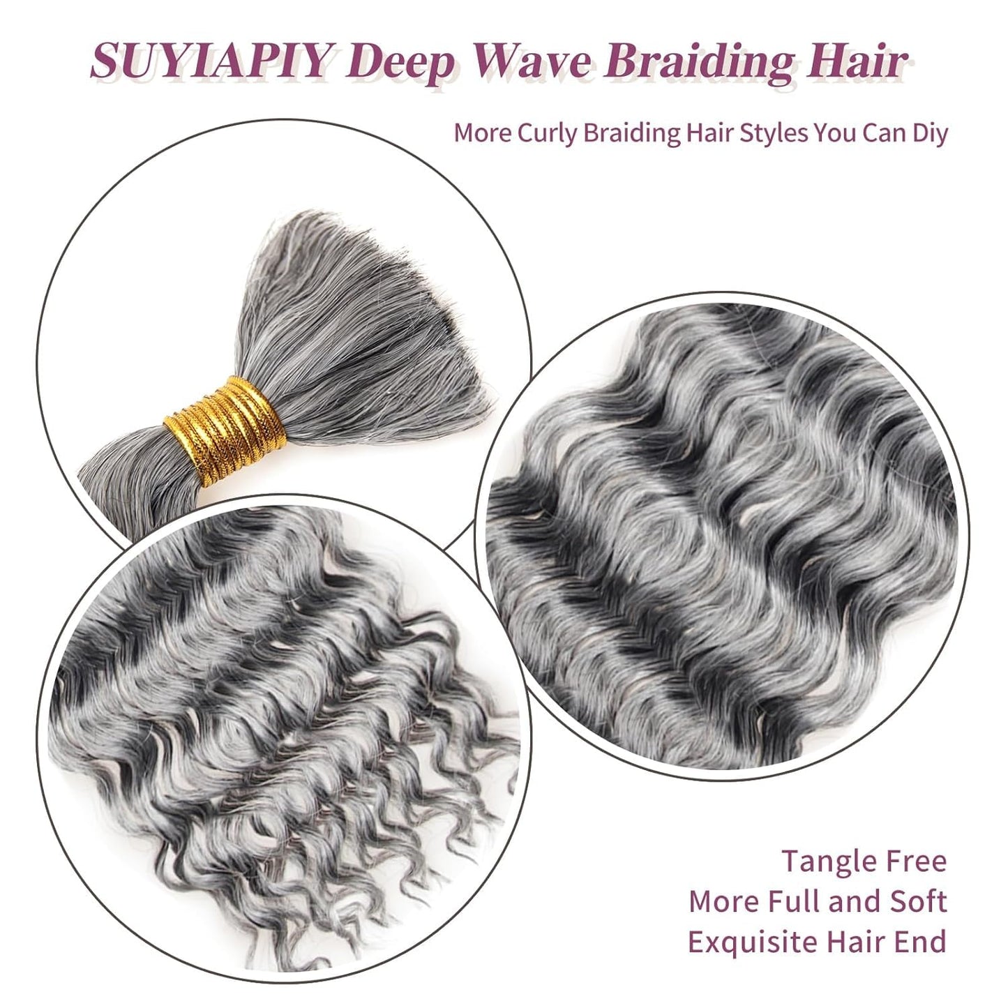 SUYIAPIY Boho Hair for Braiding Deep Water Wave Braiding Hair No Weft Grey Curly Braiding Hair Curly Braiding Hair for Boho Braids Wet and Wavy Braiding Hair (Grey#, 18 inch,8 pack)