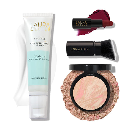 LAURA GELLER NEW YORK Effortless Essentials Kits (4pc): Baked Balance-n-Brighten Foundation, Porcelain + Spackle Makeup Primer, Hydrate + Modern Classic Matte Lipstick, Berry Bliss + Kabuki