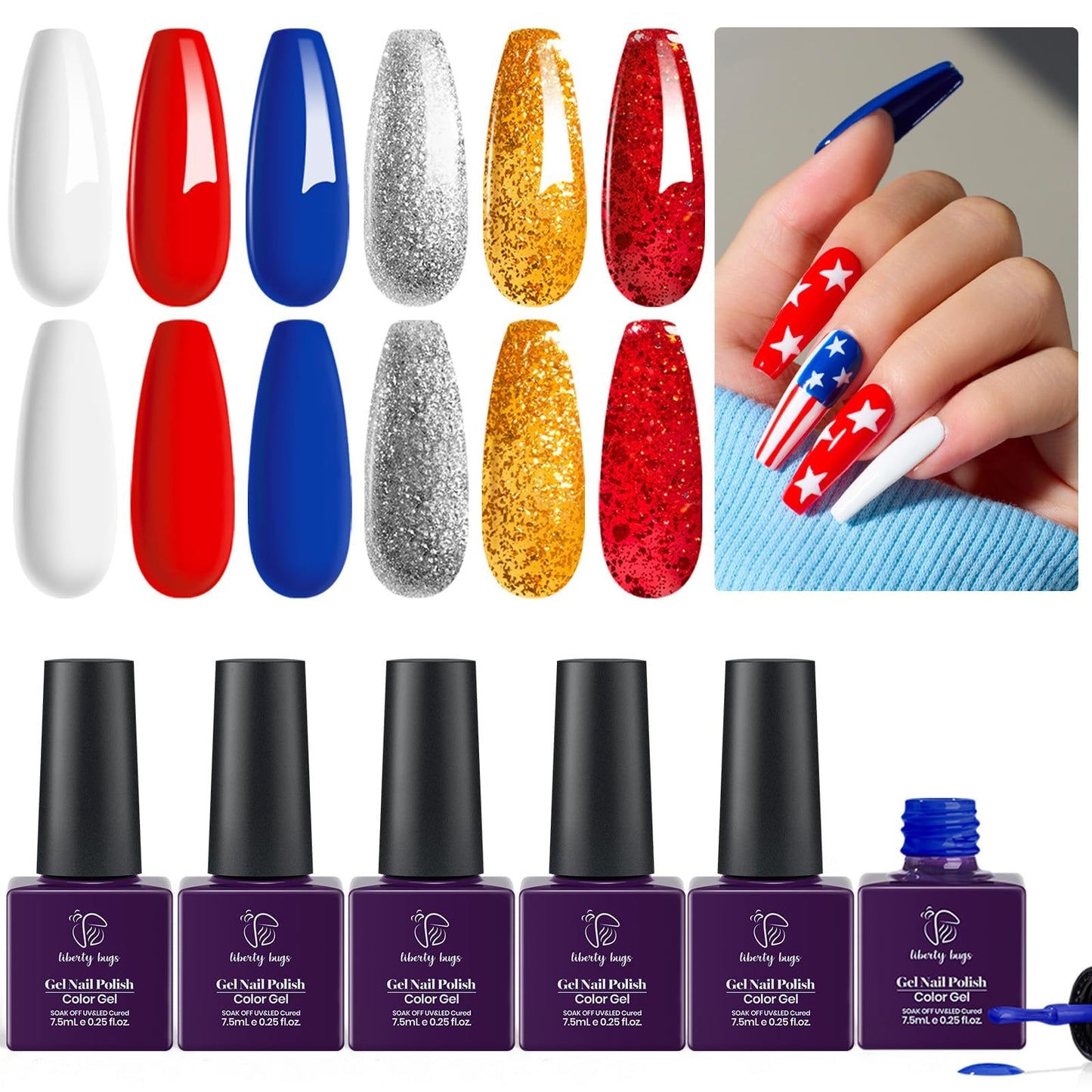 Gel Nail Polish Set 4th of July Red Gel Polish Glitter,Royal Blue Nail Polish Gel,Gold Chunky Glitter Gel Polish White,Silver,'Liberty Lights',Independence Day,UV Light Cured,Ideal Gift Nail Art Home